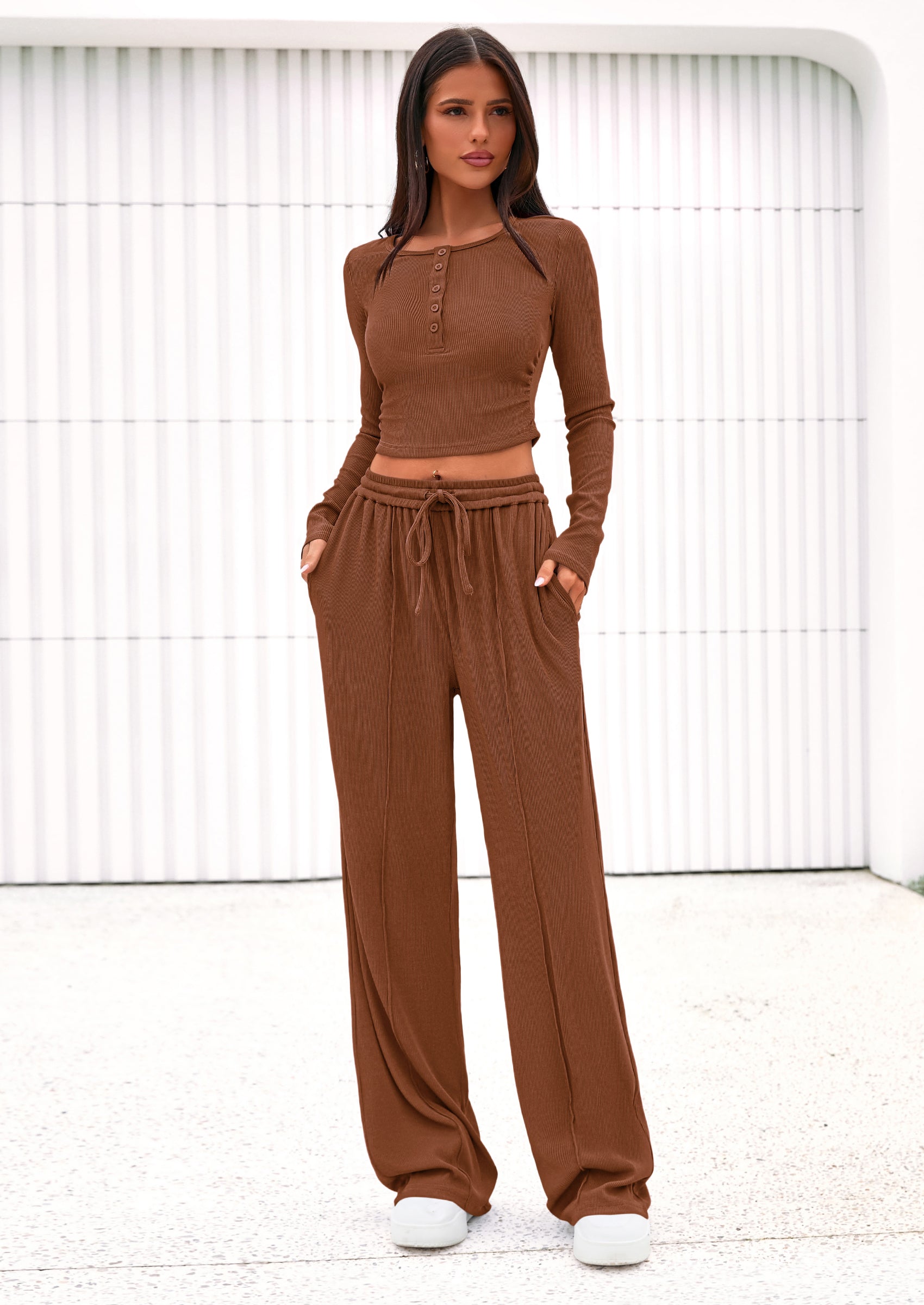 Chichi Women's Fall Trendy 2 Piece Outfits Lounge Sets Long Sleeve Top Henley Shirts Wide Leg Pants Travel Clothes Brown
