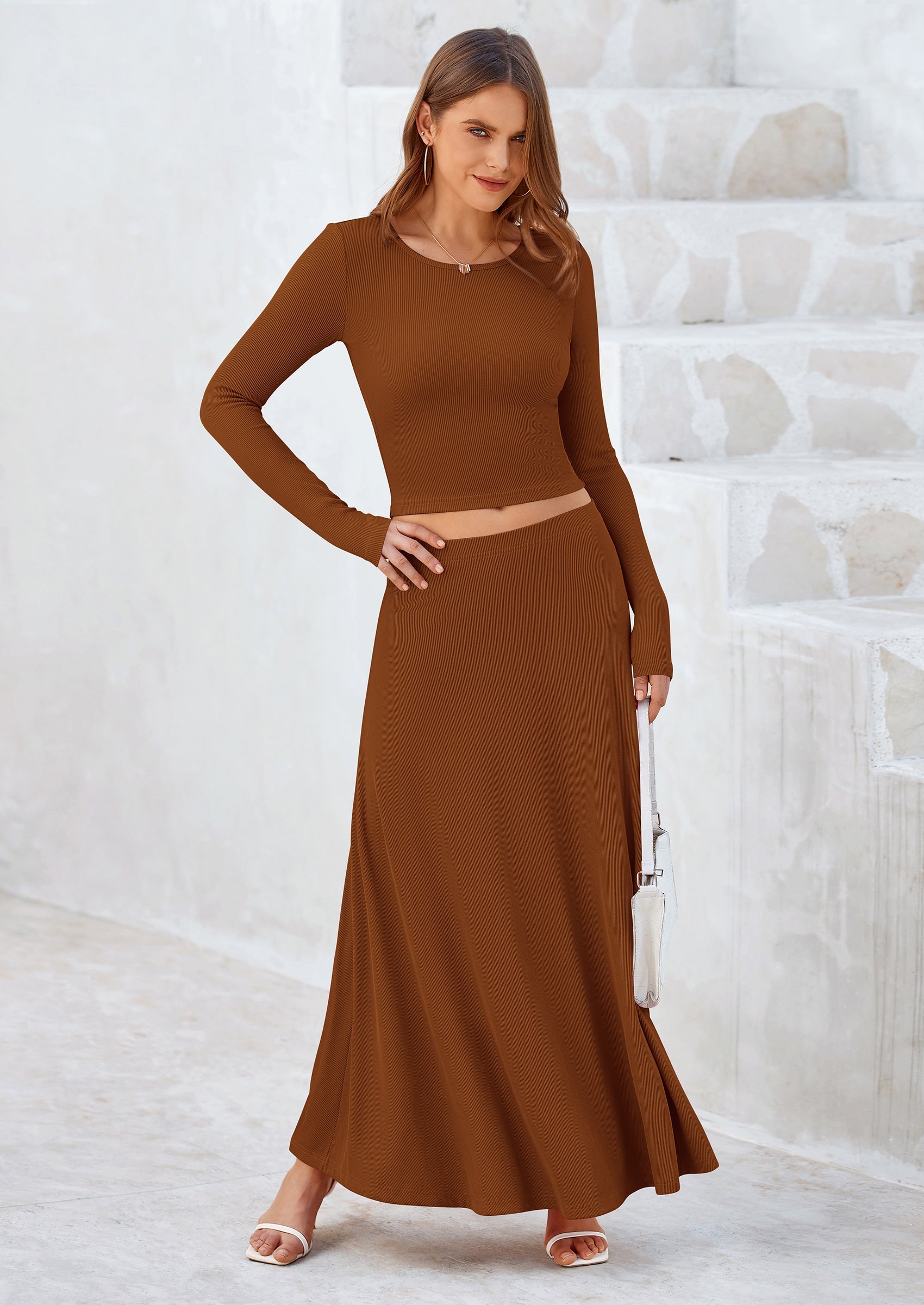 Chichi 2 Piece Casual Ribbed Knit Long Sleeve Crop Tops Maxi Flowy Skirts Matching Sets Brown