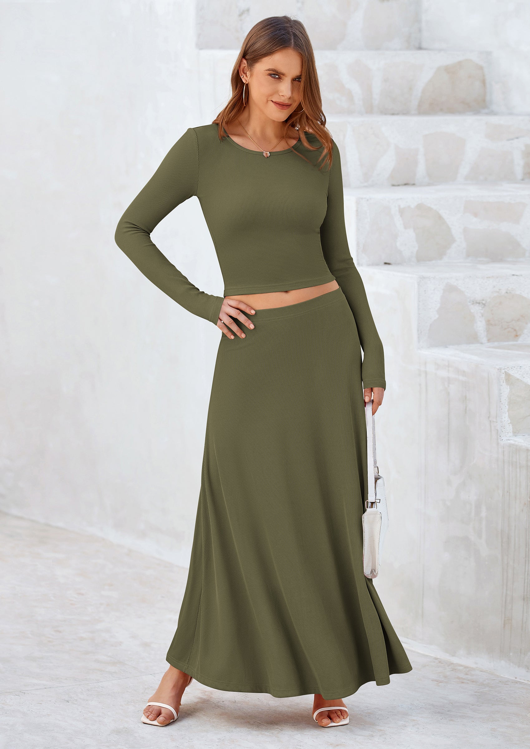 Chichi 2 Piece Casual Ribbed Knit Long Sleeve Crop Tops Maxi Flowy Skirts Matching Sets Army Green