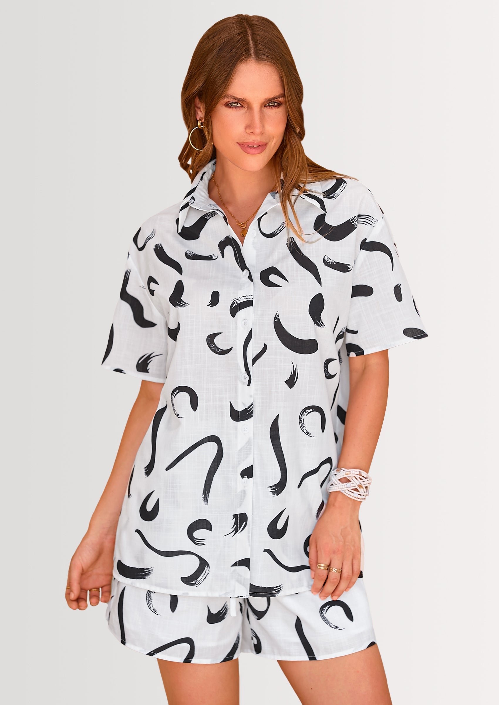 Chichi Women Summer 2 Piece Sets Printed Short Sleeve Tops Lounge Shorts Beach Vacation Outfits Black Brush