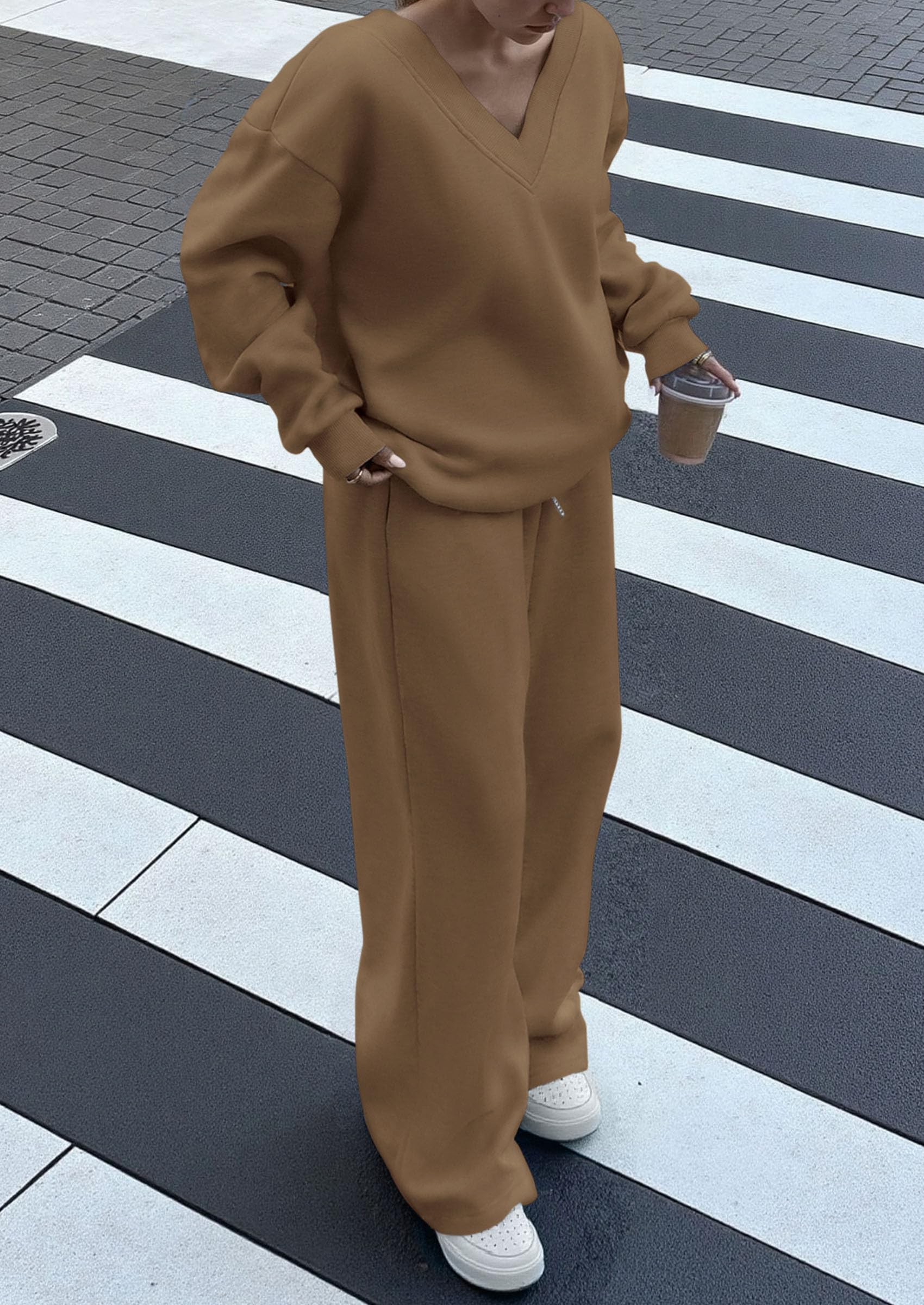 Chichi Casual Winter Two Piece Sets for Women V Neck Sweatshirt Loose Wide Leg Pants Tracksuit Knit Fall Outfits Khaki