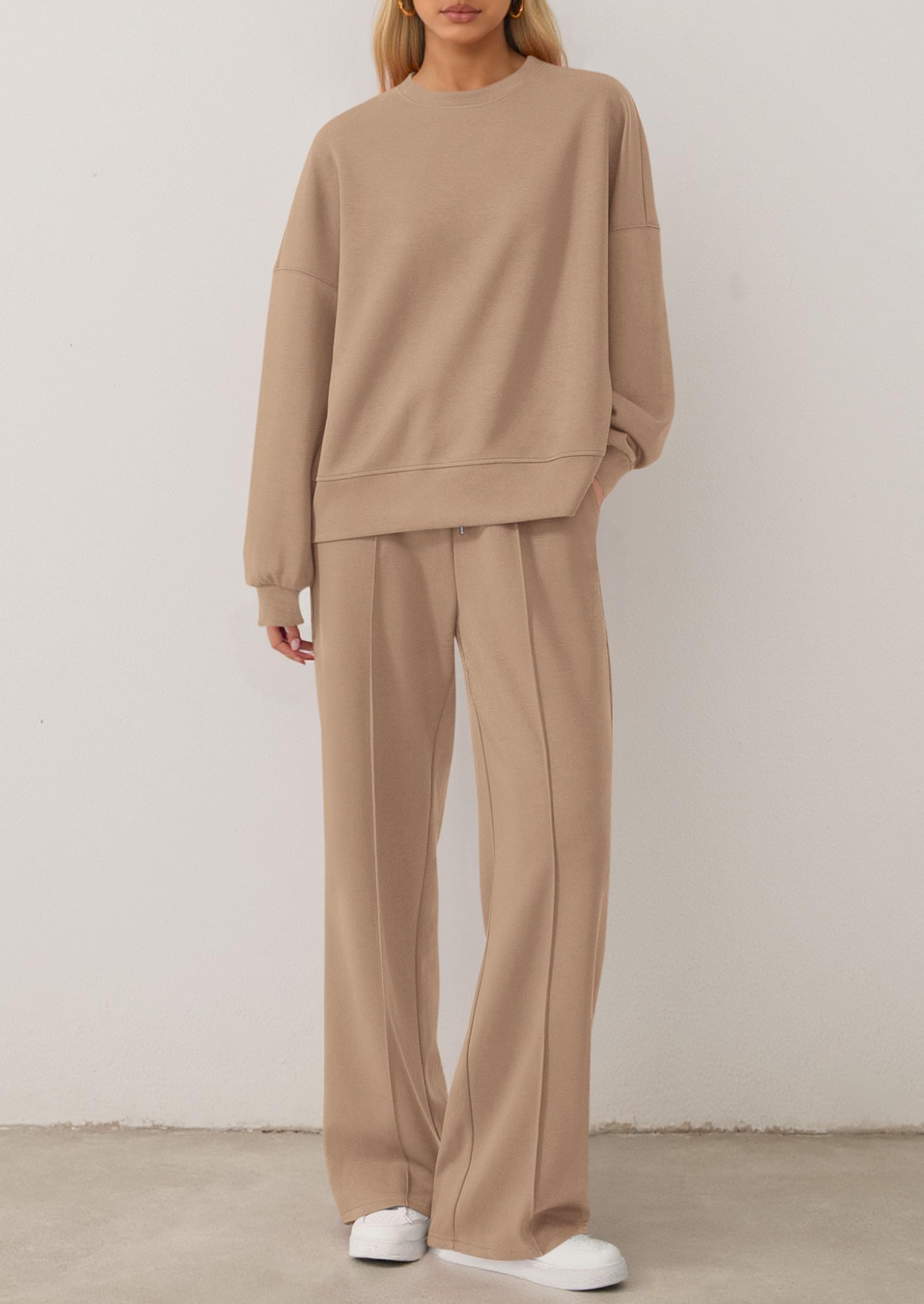 Chichi 2 Piece Sets For Women Fall Trendy Long Sleeve Sweatshirt Wide Leg Pants Loungewear Set Matching Sweatsuit Khaki