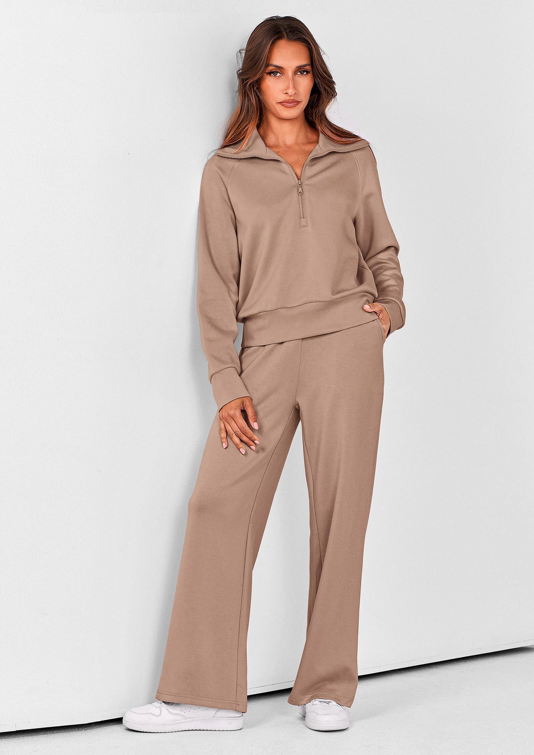 Chichi Women's 2 Piece Outfits Casual Lapel Half Zip Sweatshirts And Wide Leg Pants Tracksuit Sets Khaki