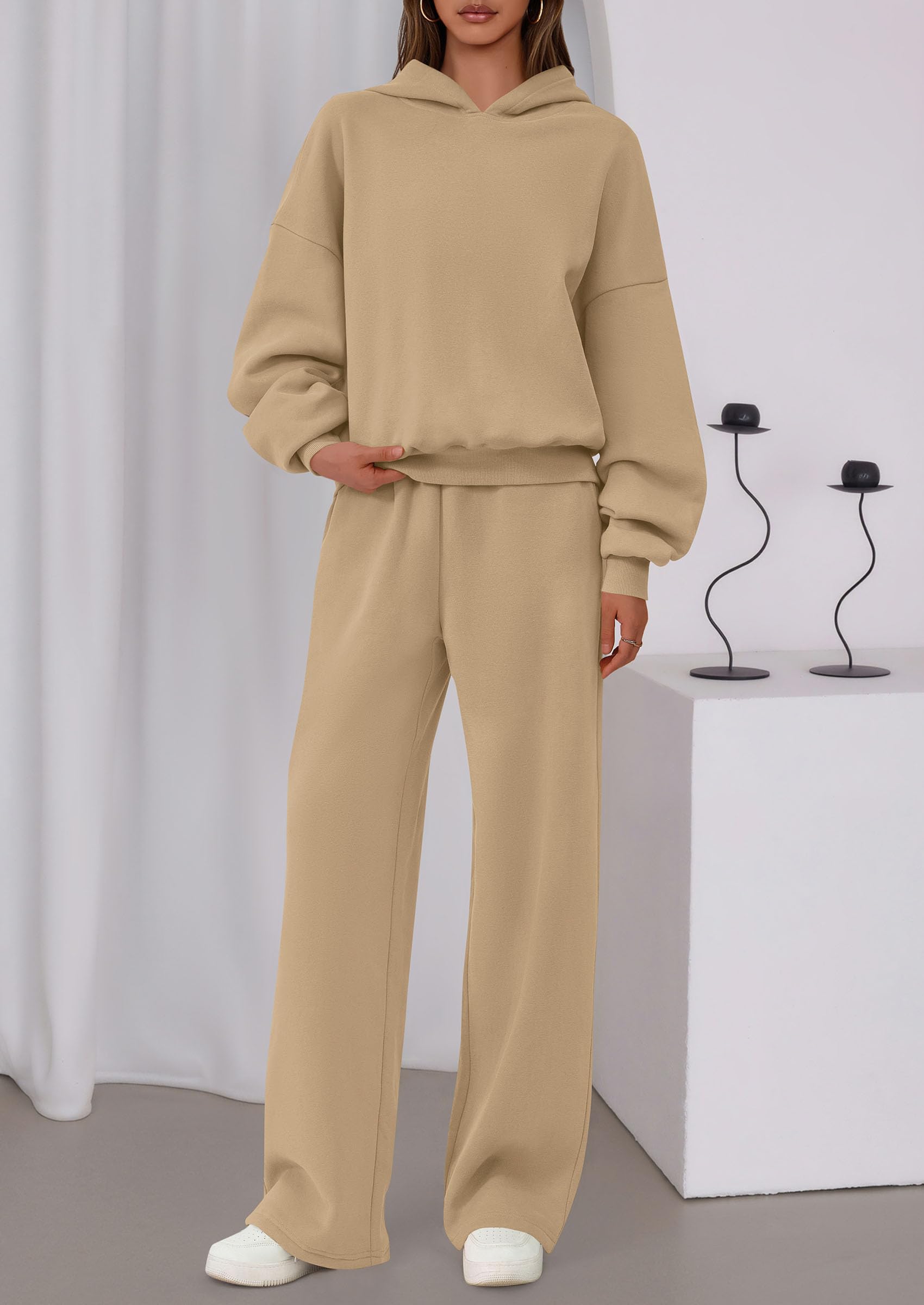 Chichi Womens Sweatsuits 2 Piece Set Casual Winter Long Sleeve Hoodie Loose Wide Leg Sweatpants Fall Tracksuit Khaki