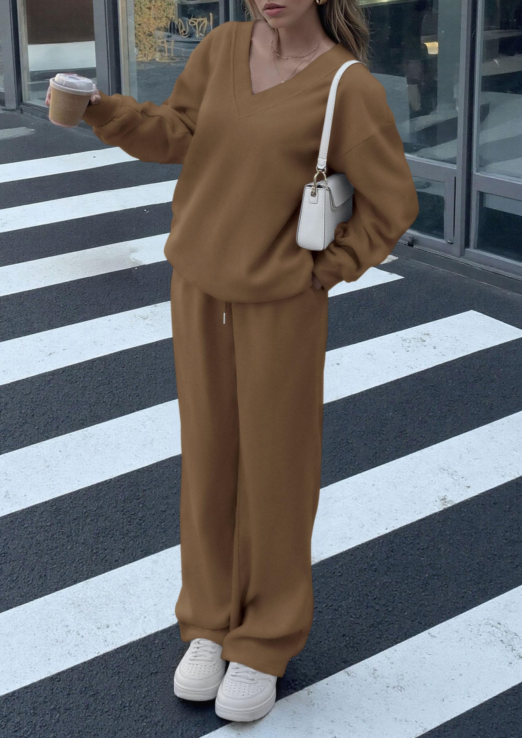 Chichi Casual Winter Two Piece Sets for Women V Neck Sweatshirt Loose Wide Leg Pants Tracksuit Knit Fall Outfits Khaki