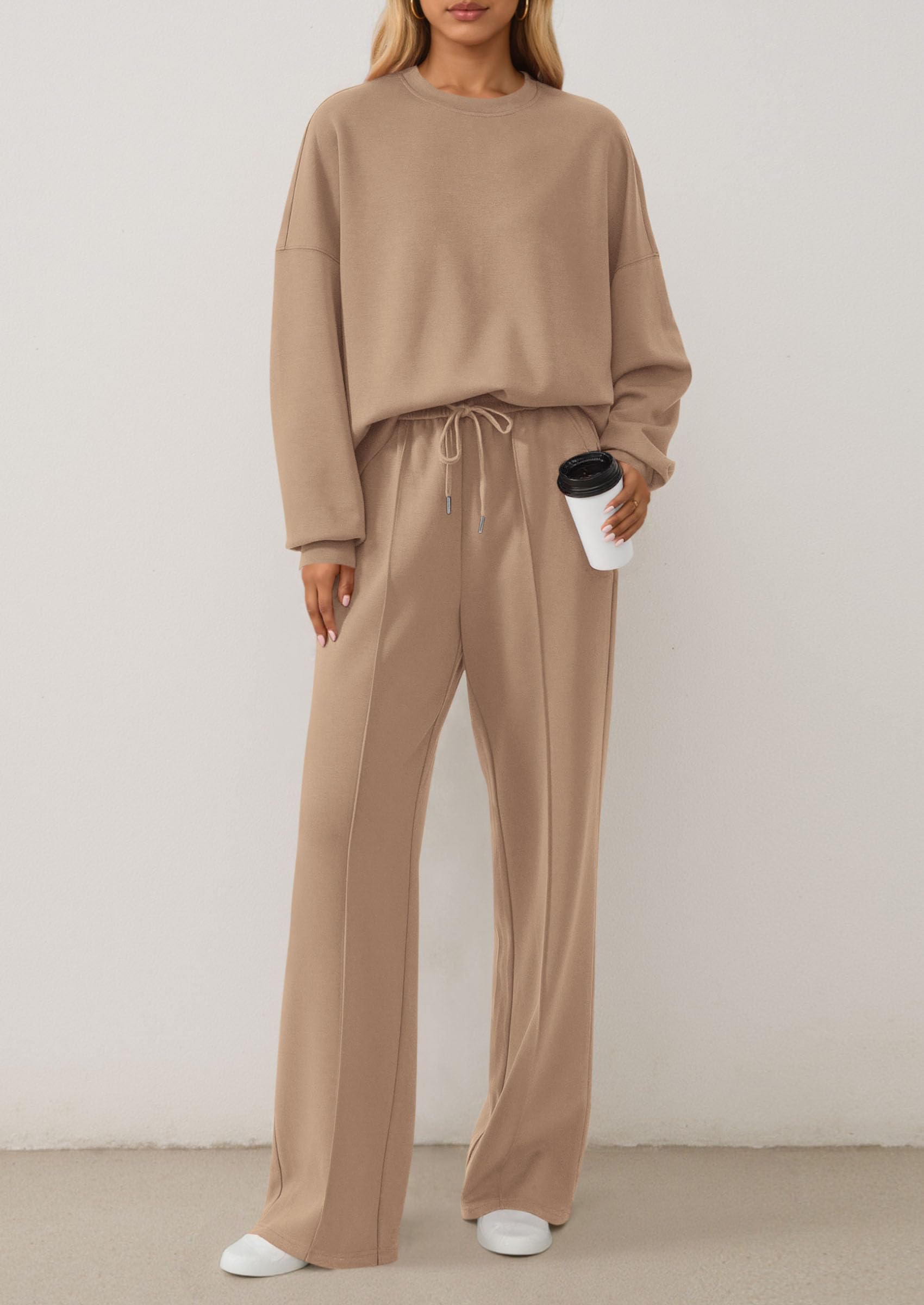 Chichi 2 Piece Sets For Women Fall Trendy Long Sleeve Sweatshirt Wide Leg Pants Loungewear Set Matching Sweatsuit Khaki