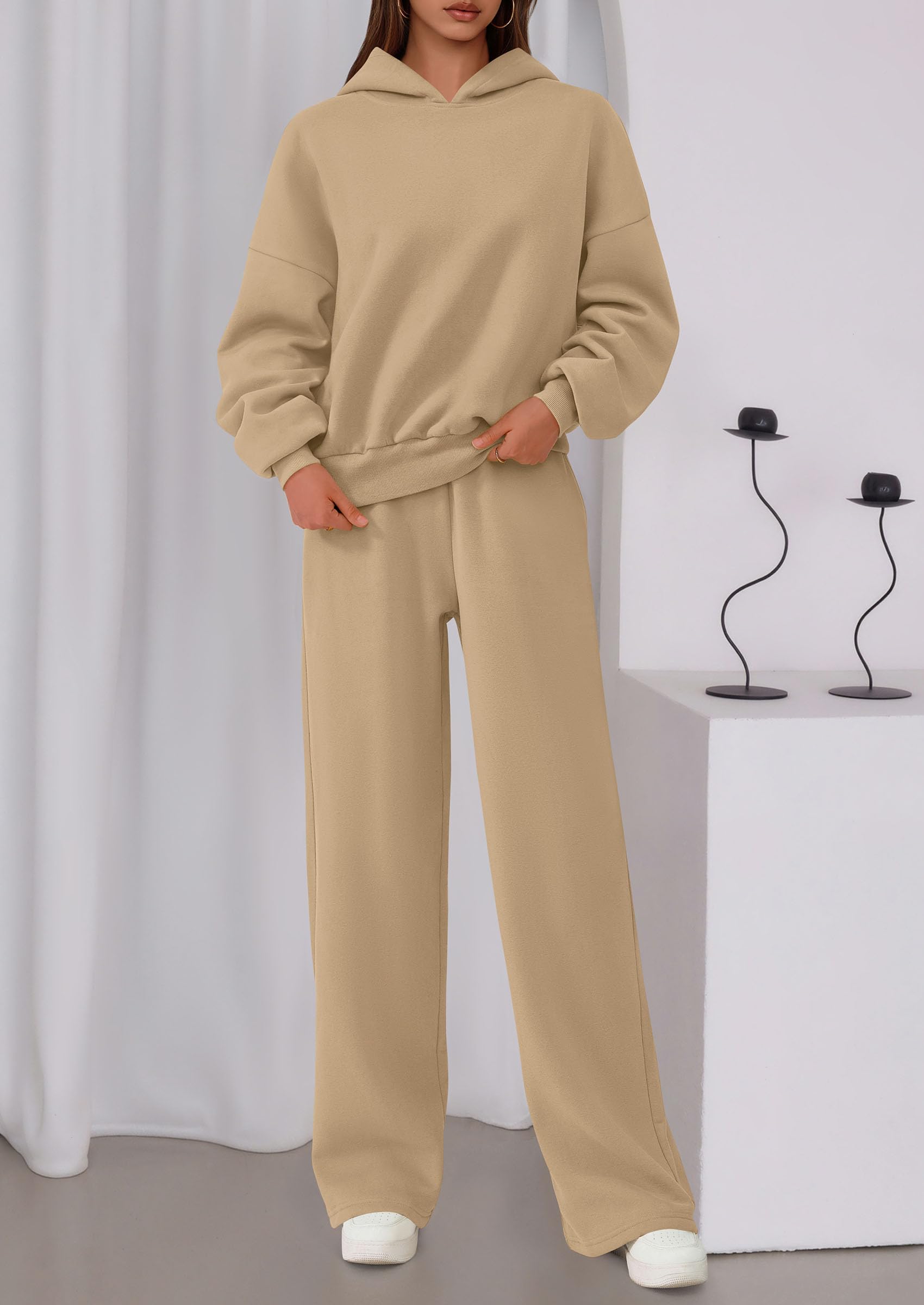 Chichi Womens Sweatsuits 2 Piece Set Casual Winter Long Sleeve Hoodie Loose Wide Leg Sweatpants Fall Tracksuit Khaki