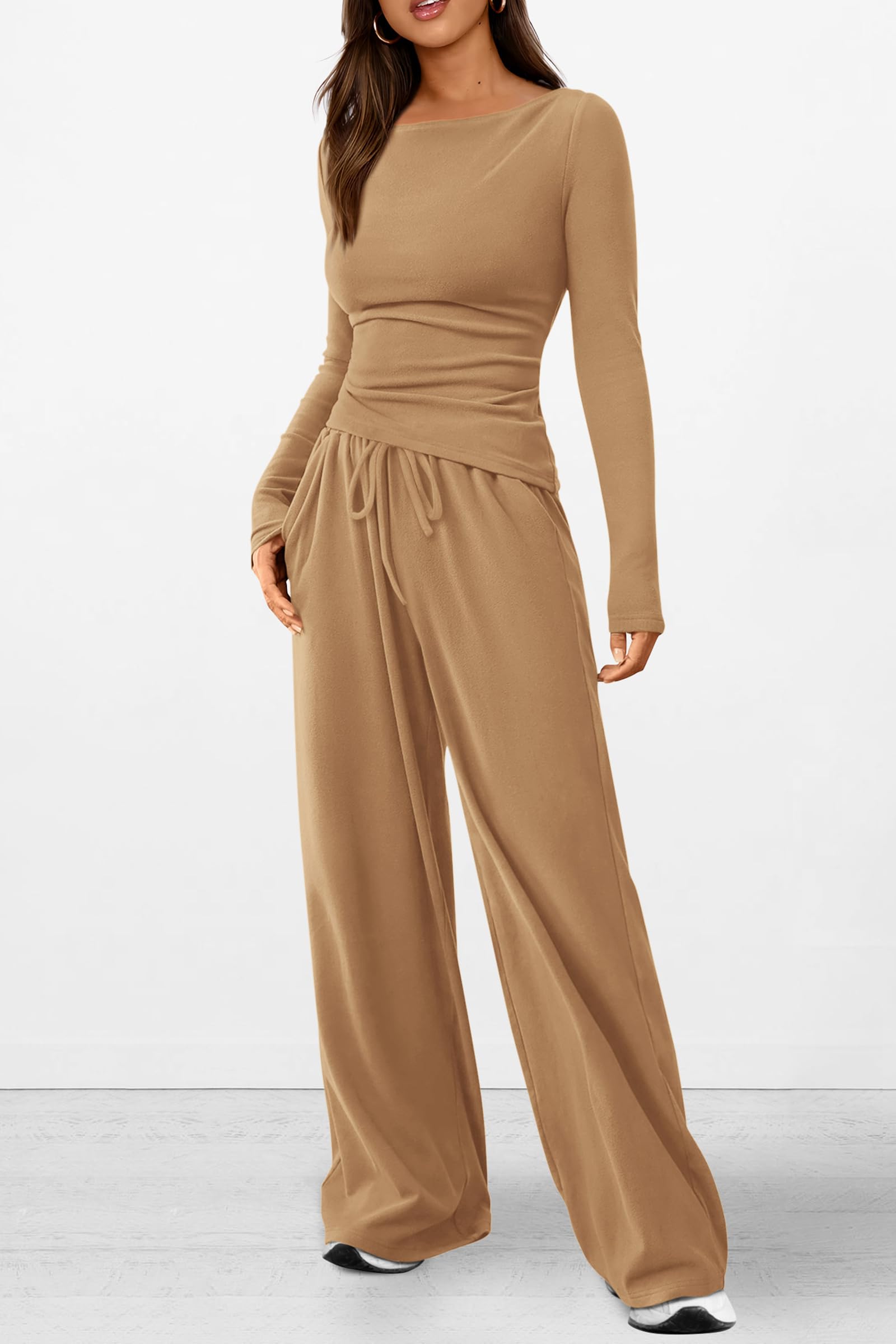 Chichi Women's 2 Piece Lounge Sets Asymmetrical Long Sleeve T Shirt Wide Leg Pants Casual Outfits Tracksuit Khaki
