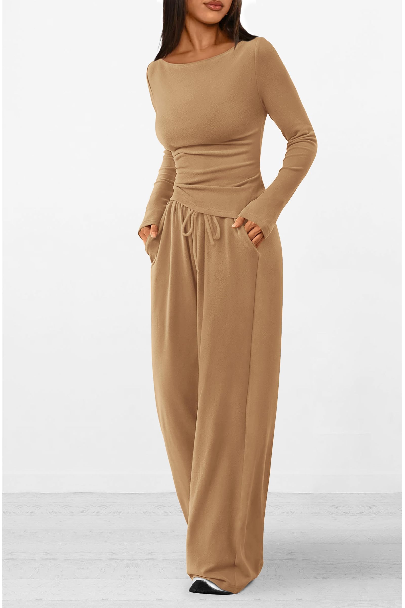 Chichi Women's 2 Piece Lounge Sets Asymmetrical Long Sleeve T Shirt Wide Leg Pants Casual Outfits Tracksuit Khaki
