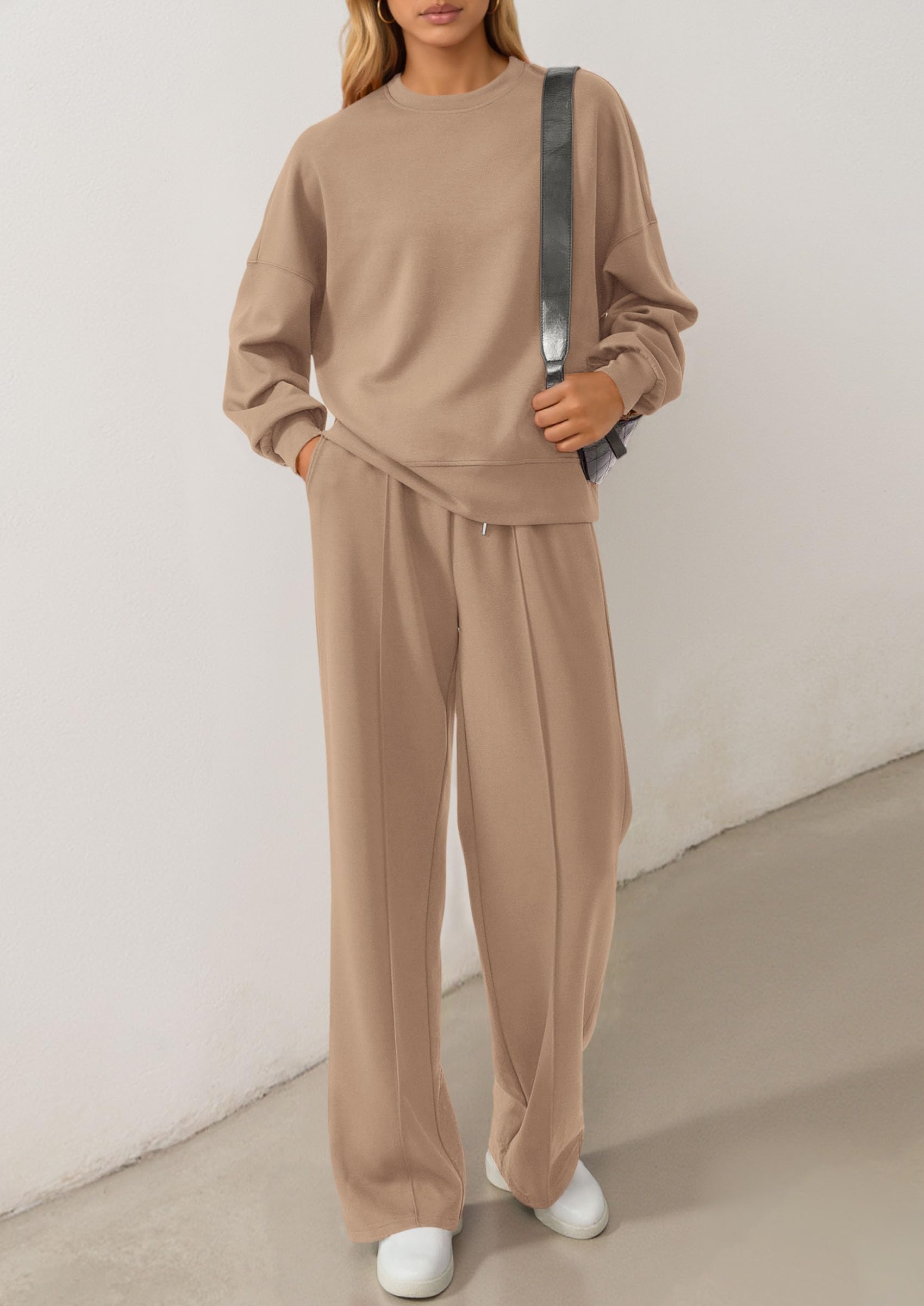 Chichi 2 Piece Sets For Women Fall Trendy Long Sleeve Sweatshirt Wide Leg Pants Loungewear Set Matching Sweatsuit Khaki