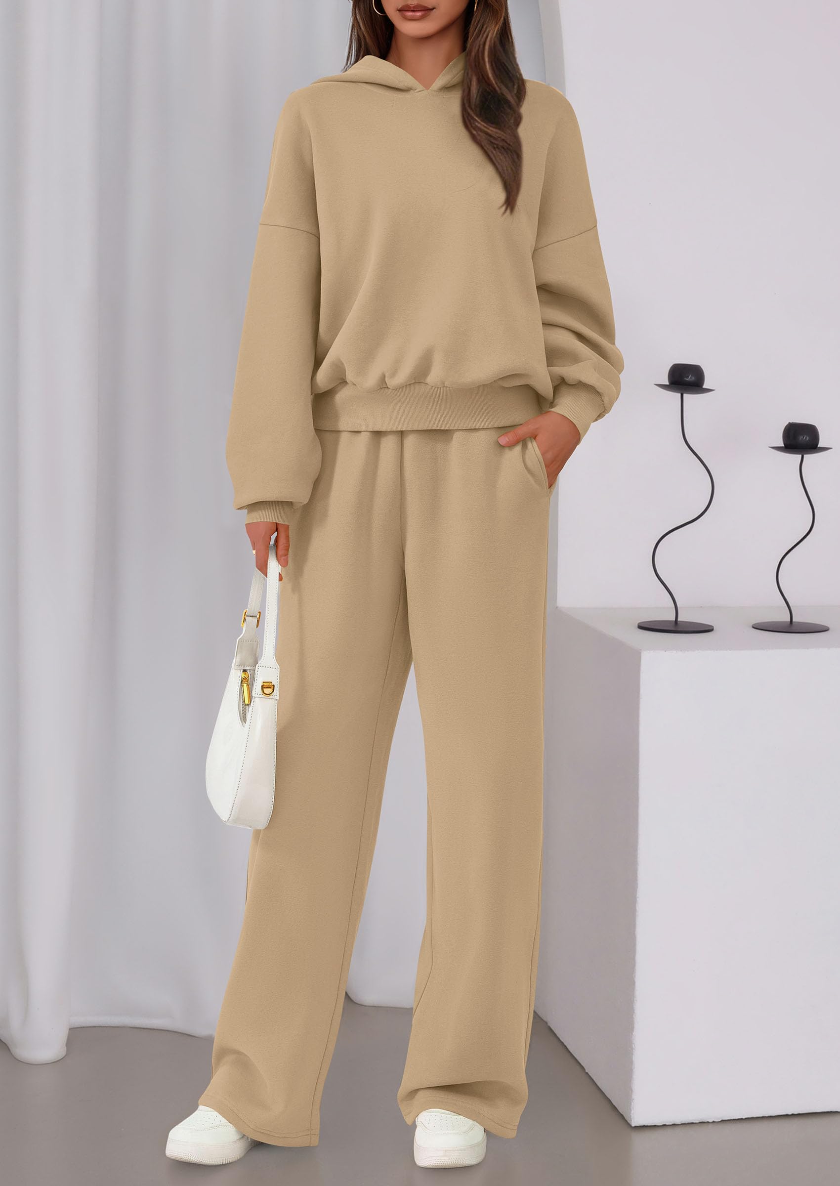 Chichi Womens Sweatsuits 2 Piece Set Casual Winter Long Sleeve Hoodie Loose Wide Leg Sweatpants Fall Tracksuit Khaki