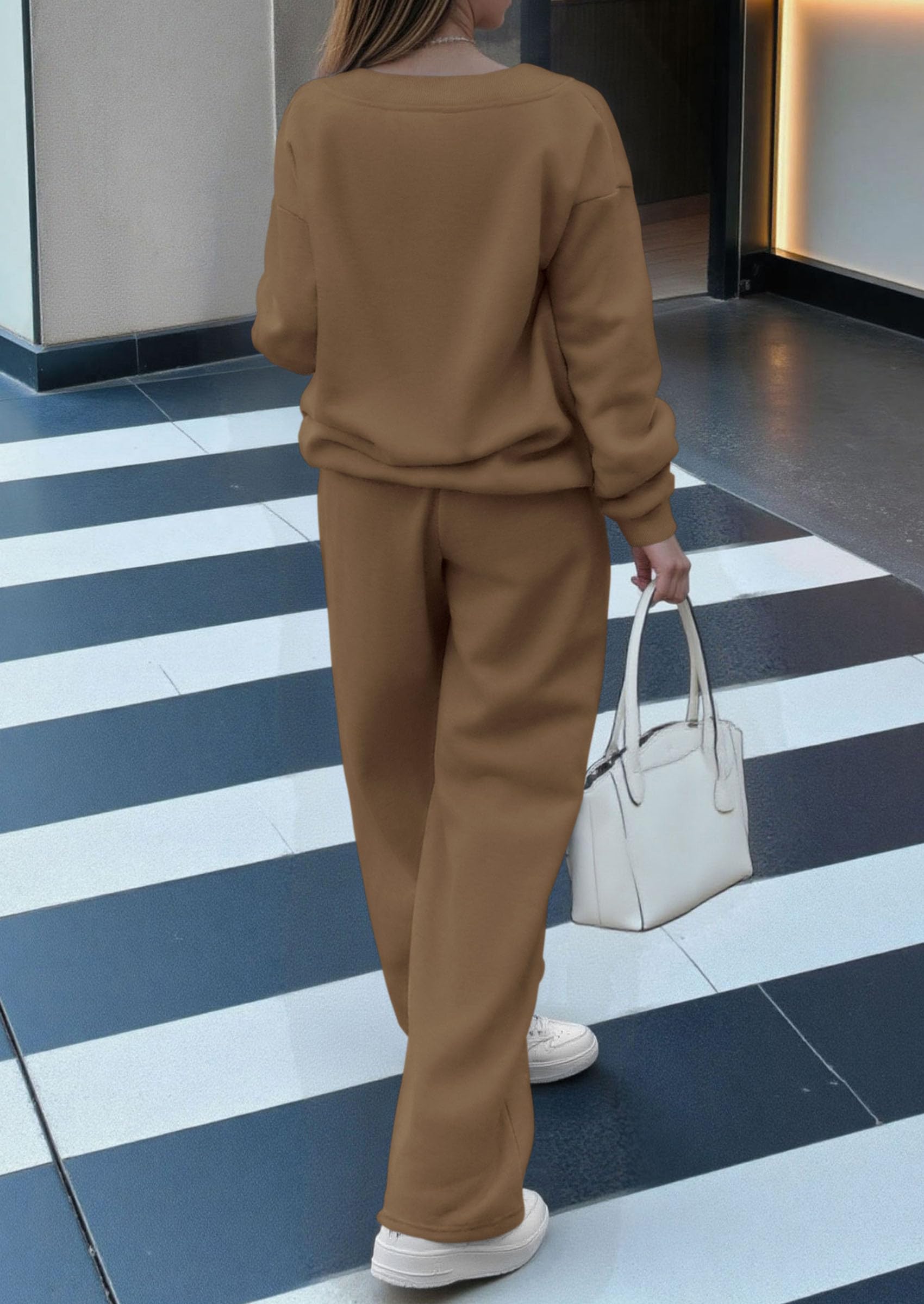 Chichi Casual Winter Two Piece Sets for Women V Neck Sweatshirt Loose Wide Leg Pants Tracksuit Knit Fall Outfits Khaki