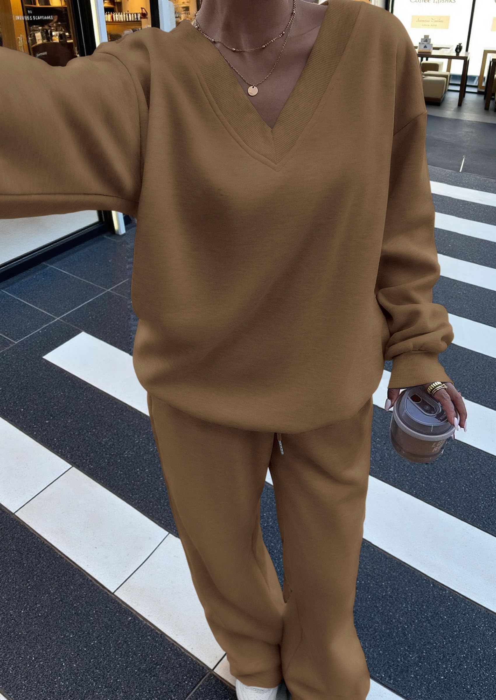 Chichi Casual Winter Two Piece Sets for Women V Neck Sweatshirt Loose Wide Leg Pants Tracksuit Knit Fall Outfits Khaki