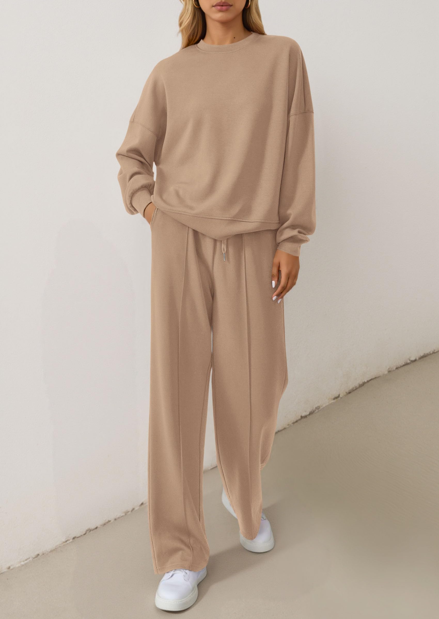 Chichi 2 Piece Sets For Women Fall Trendy Long Sleeve Sweatshirt Wide Leg Pants Loungewear Set Matching Sweatsuit Khaki