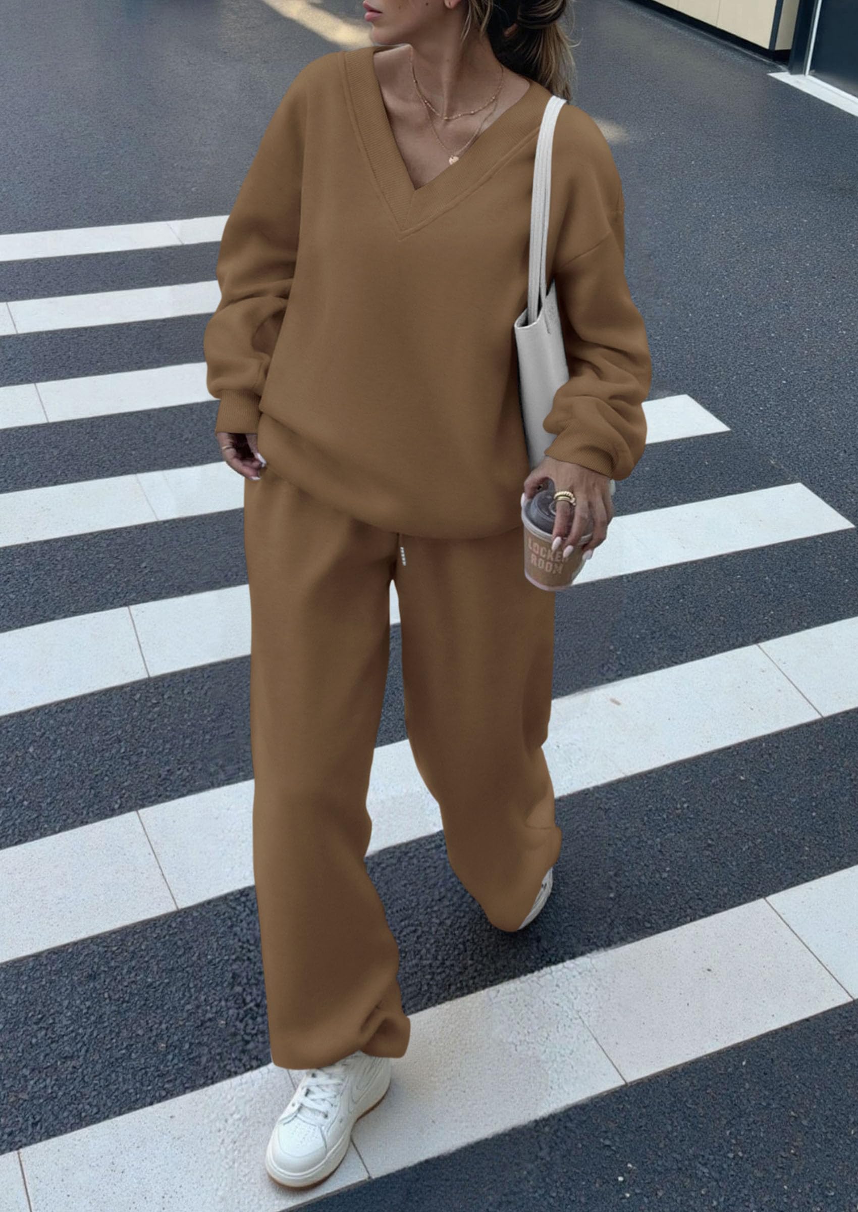 Chichi Casual Winter Two Piece Sets for Women V Neck Sweatshirt Loose Wide Leg Pants Tracksuit Knit Fall Outfits Khaki