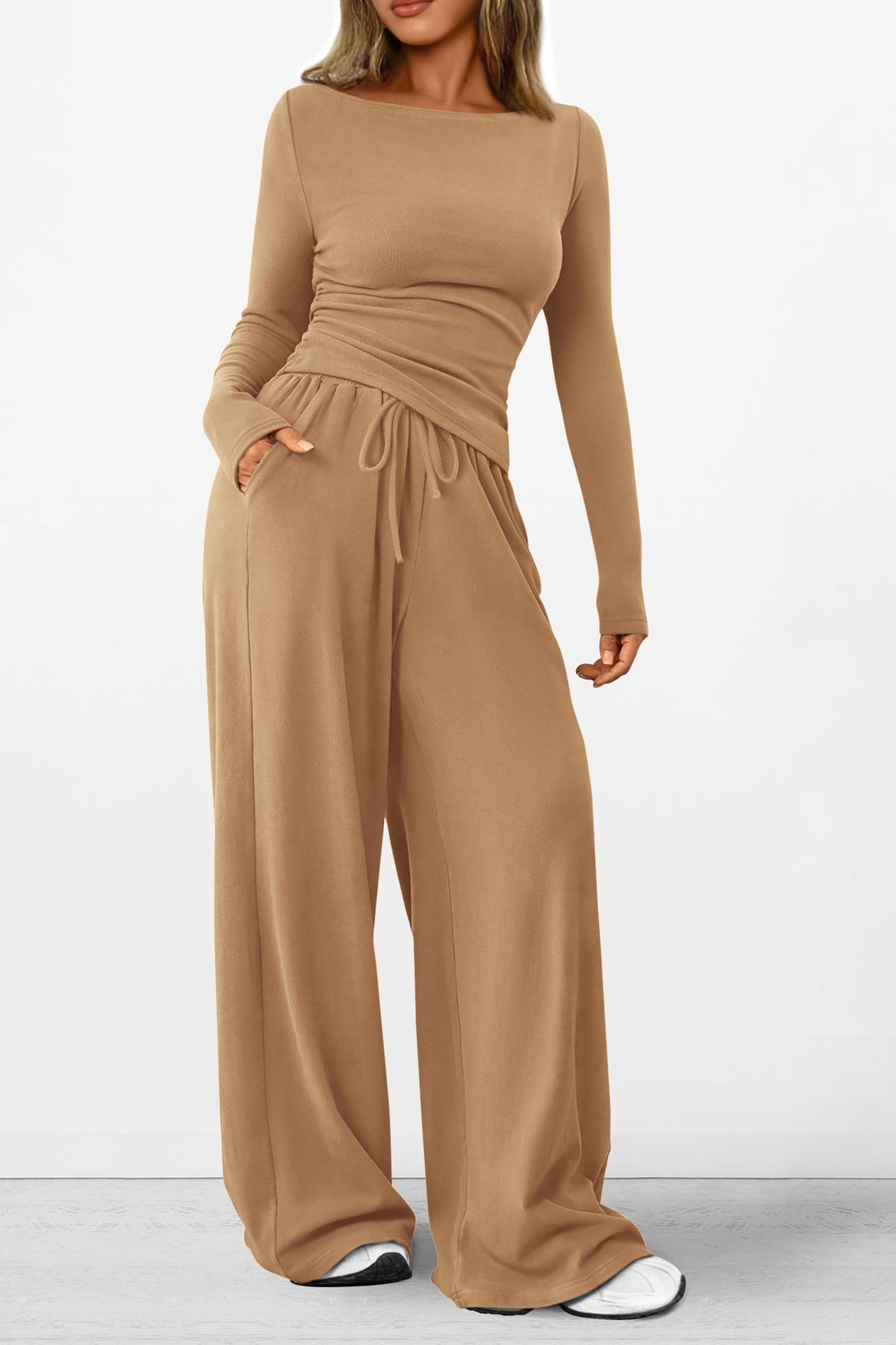 Chichi Women's 2 Piece Lounge Sets Asymmetrical Long Sleeve T Shirt Wide Leg Pants Casual Outfits Tracksuit Khaki