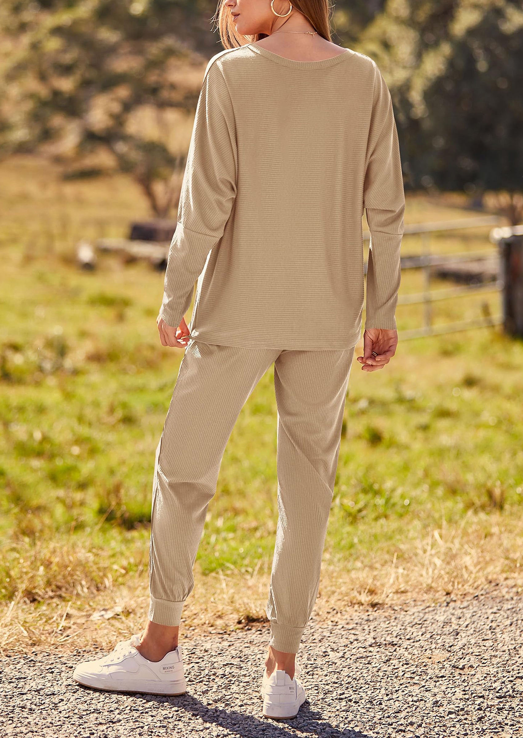 Chichi Women's Fall 2 Piece Lounge Set Long Sleeve Tops Ribbed Pants Spring Matching Sweatsuit Travel Outfits Clothes Khaki