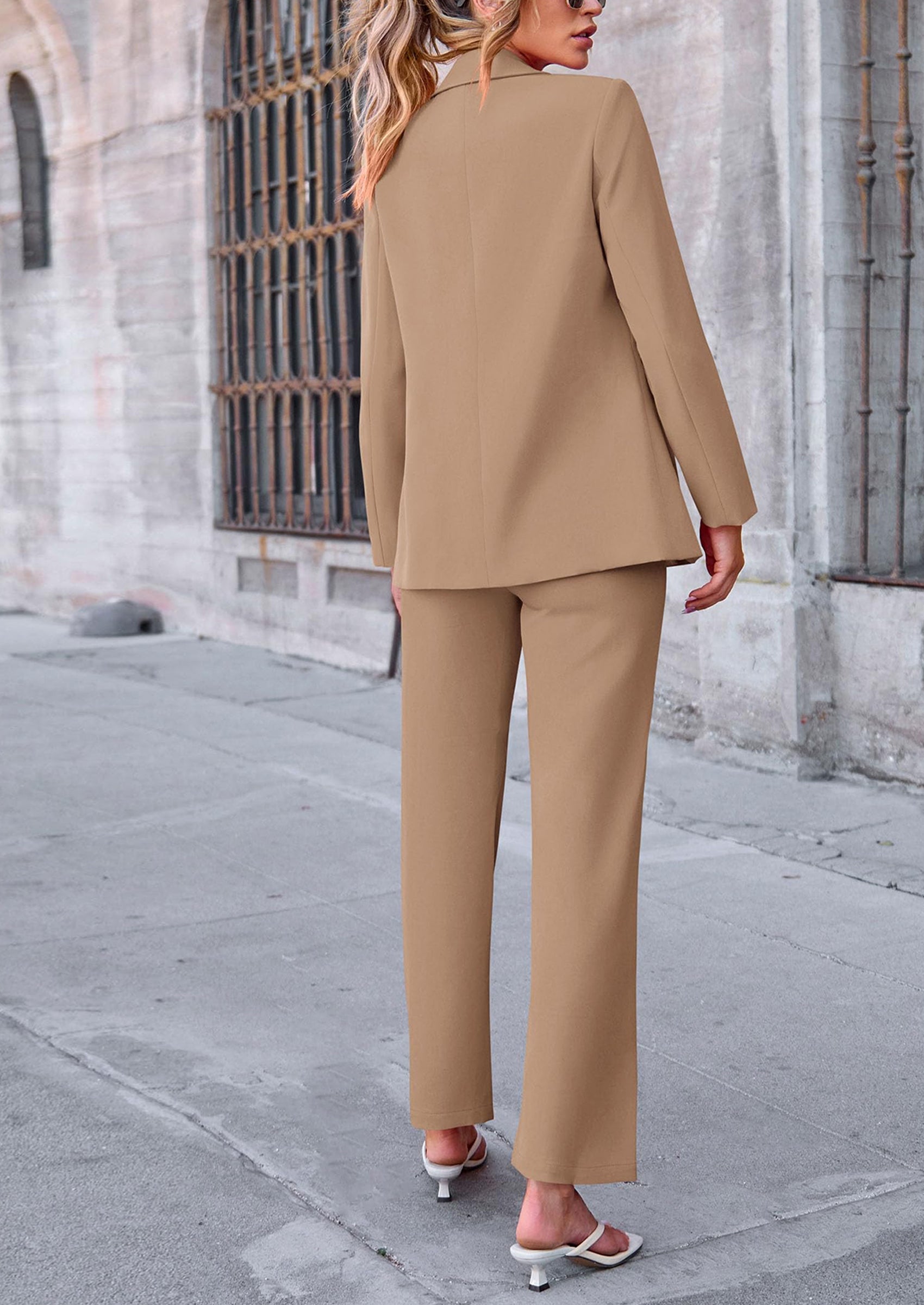 Chichi 2 Piece Blazer Outfits Business Casual Oversized Jacket Wide Leg Work Pants Dressy Suit Set Beige