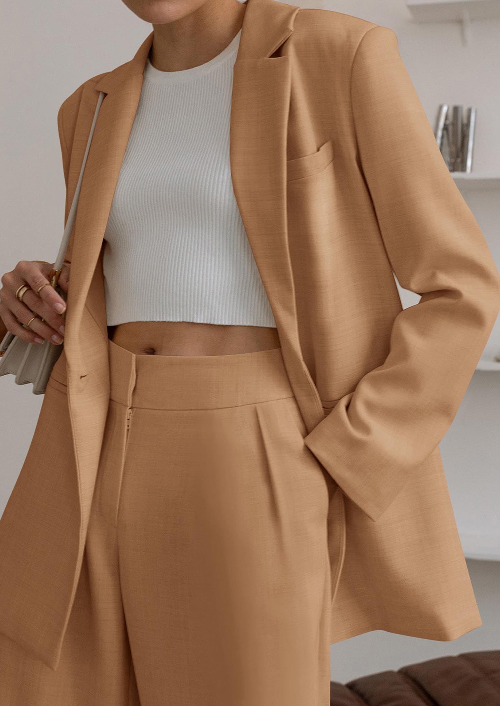 Chichi Women's Fall Two Piece Outfits Dressy Blazer Jacket and Wide Leg Pants Pockets Business Casual Office Suit Sets Khaki