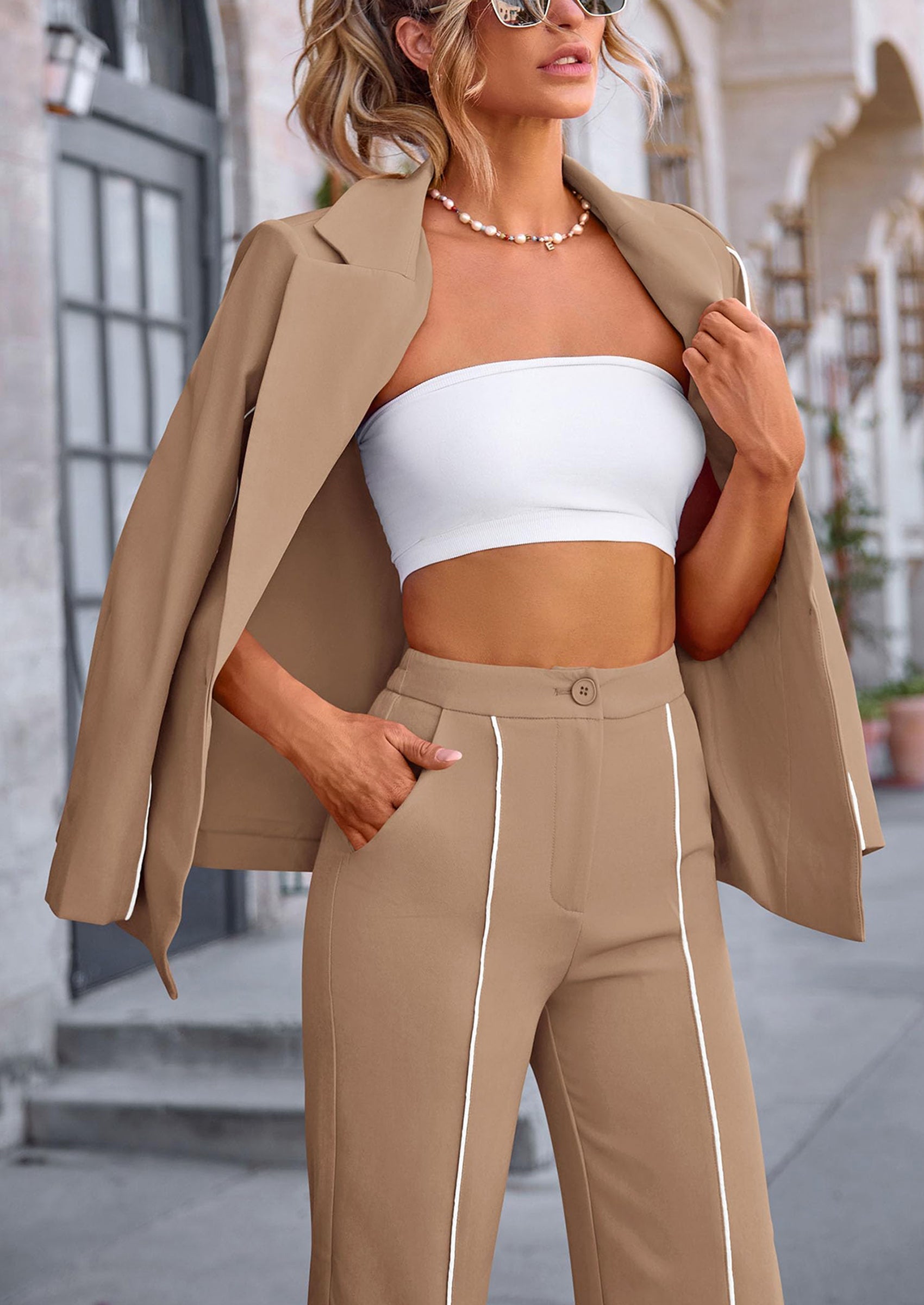 Chichi 2 Piece Blazer Outfits Business Casual Oversized Jacket Wide Leg Work Pants Dressy Suit Set Beige