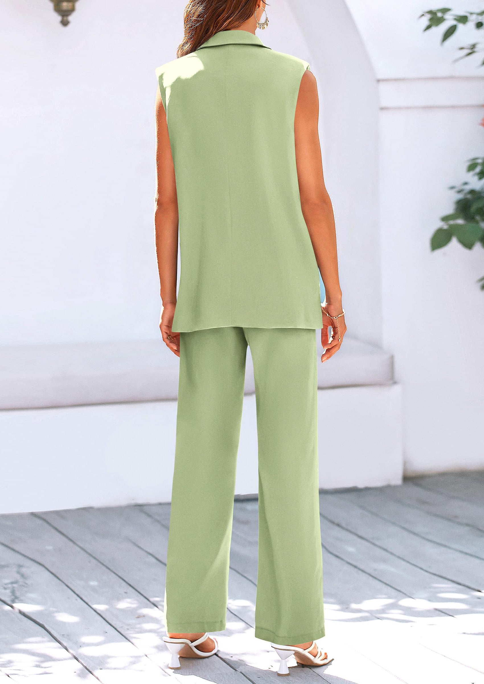 Chichi Women's 2 Piece Outfits Sleeveless Suit Vest and Wide Leg Pants Business Casual Blazer Sets Light Green