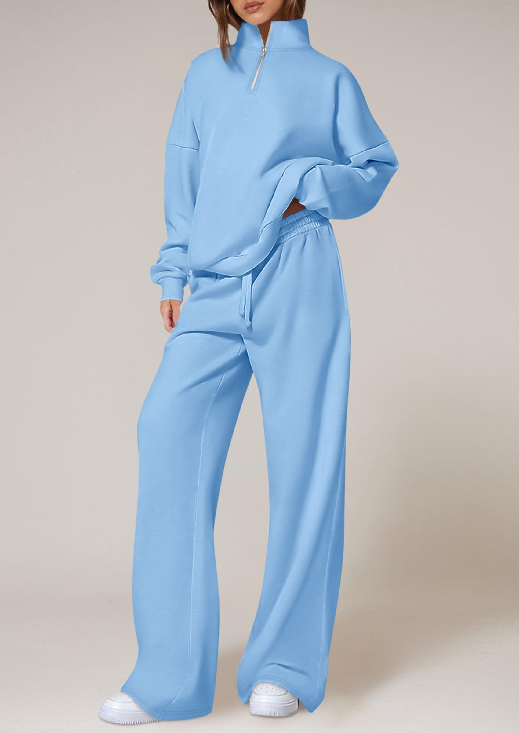 Chichi Womens Casual Two Piece Sets Fall Outfits Quarter Zip Sweatshirts Straight Leg Pants Sweatsuits Tracksuit Light Blue