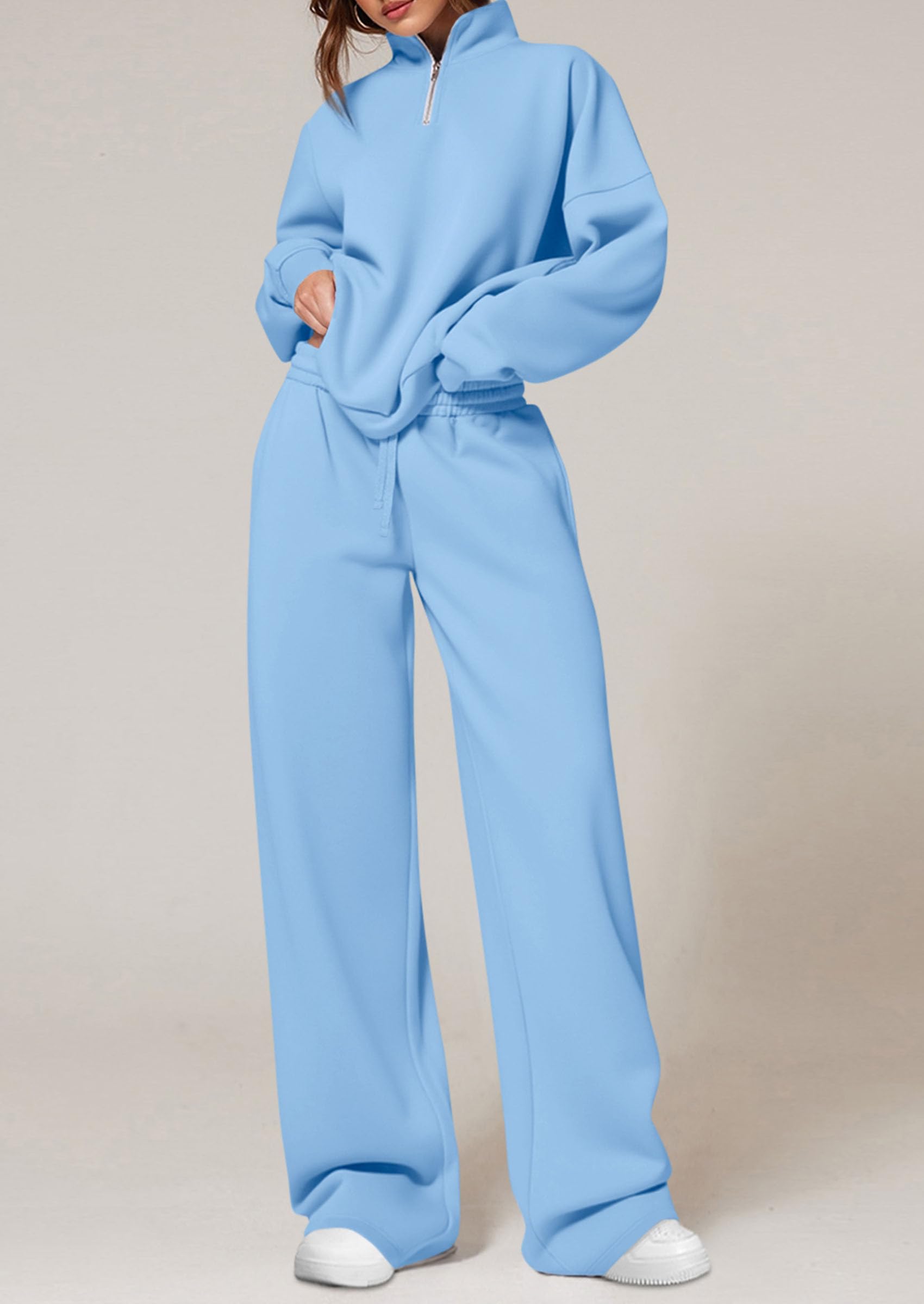 Chichi Womens Casual Two Piece Sets Fall Outfits Quarter Zip Sweatshirts Straight Leg Pants Sweatsuits Tracksuit Light Blue