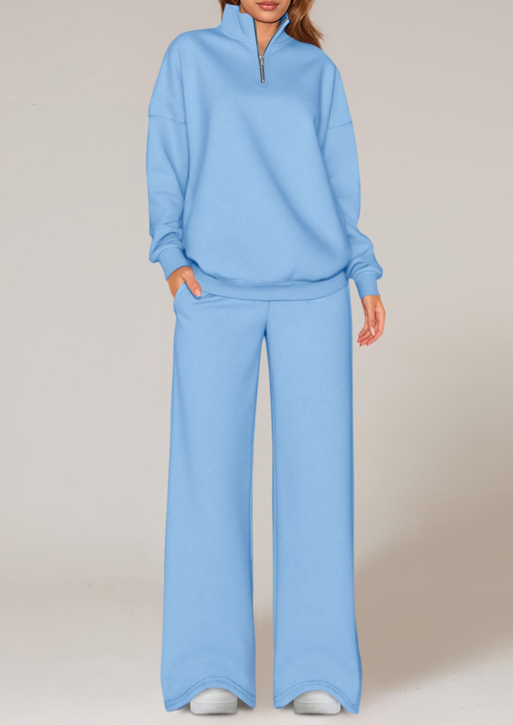 Chichi Womens Casual Two Piece Sets Fall Outfits Quarter Zip Sweatshirts Straight Leg Pants Sweatsuits Tracksuit Light Blue