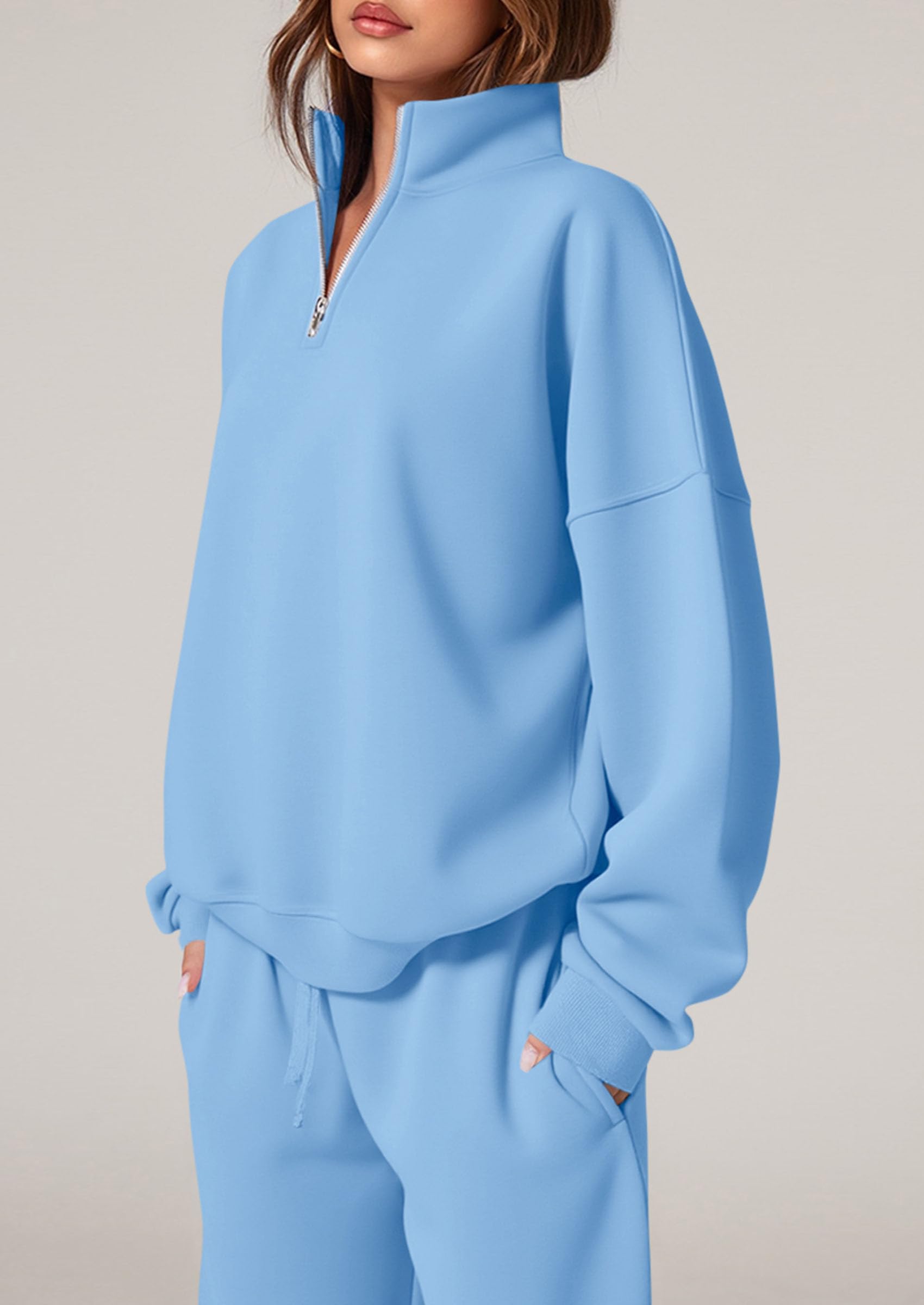 Chichi Womens Casual Two Piece Sets Fall Outfits Quarter Zip Sweatshirts Straight Leg Pants Sweatsuits Tracksuit Light Blue