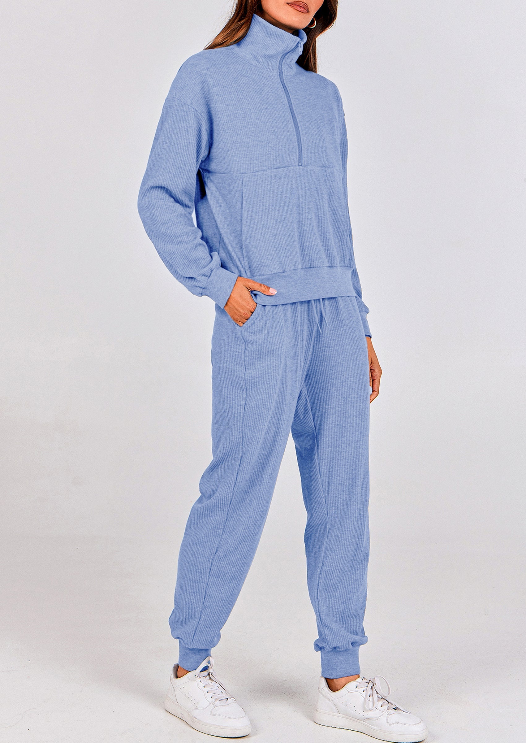 Chichi Women's Fall 2 Piece Lounge Sets Zip Up Sweatshirt Jogger Pants Sweat Track Suits Travel Outfit Winter Clothing Light Blue