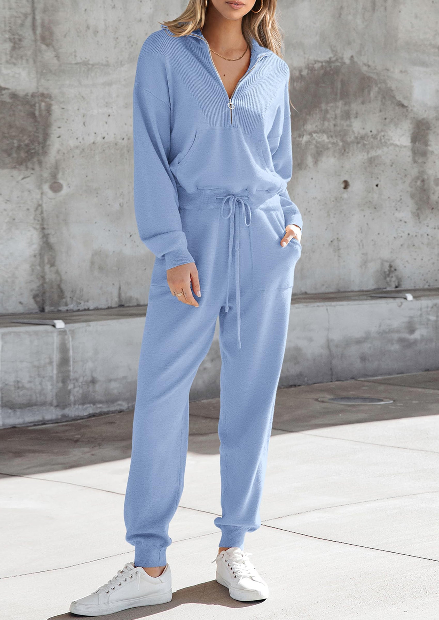 Chichi Women's 2 Piece Sweater Set Pullover Zip Up Sweatshirt Jogger Sweatpants Tracksuit Casual Outfit Light Blue