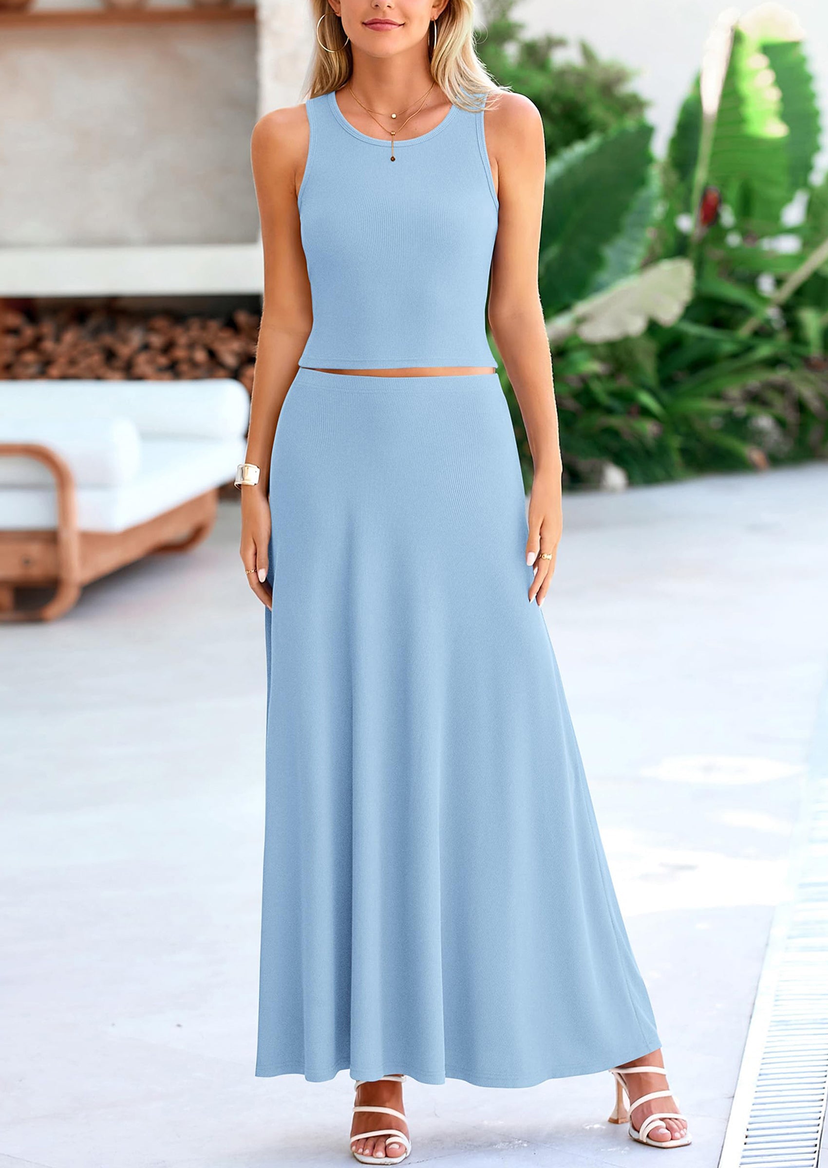 Chichi 2 Piece Maxi Skirt Sets Casual Knit Cropped Tank Top High Waisted Long Skirts Outfit