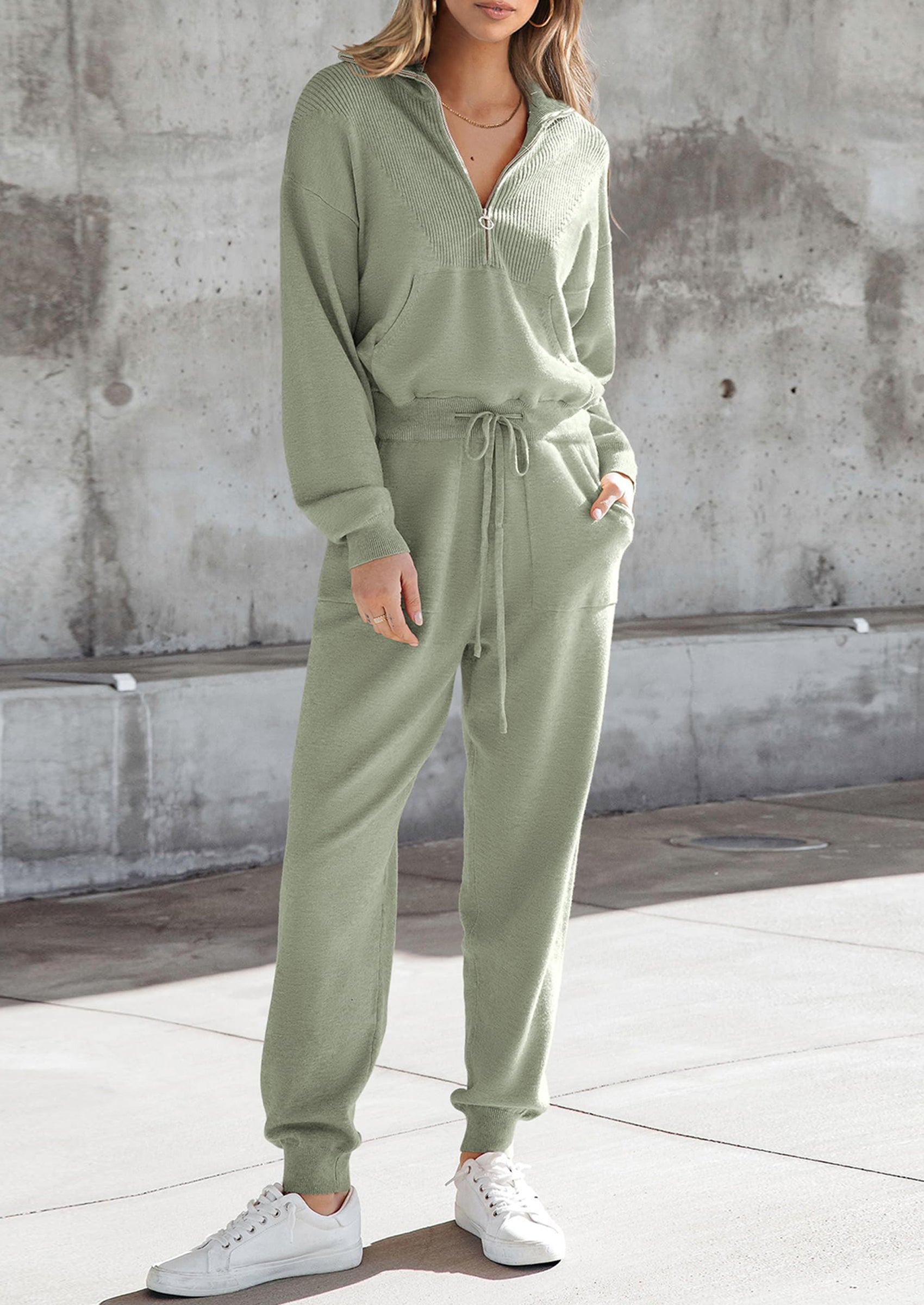 Chichi Women's 2 Piece Sweater Set Pullover Zip Up Sweatshirt Jogger Sweatpants Tracksuit Casual Outfit Light Green