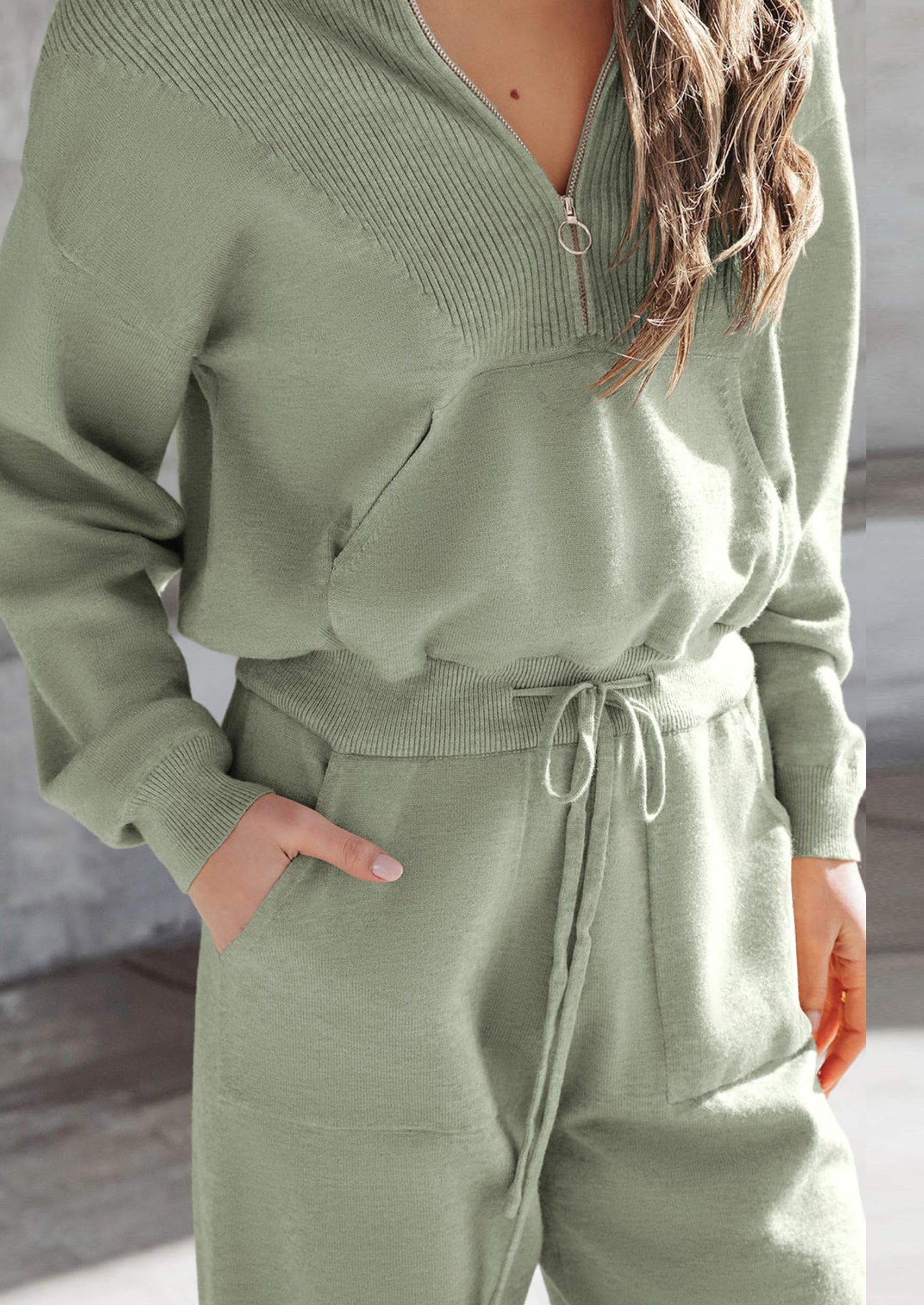 Chichi Women's 2 Piece Sweater Set Pullover Zip Up Sweatshirt Jogger Sweatpants Tracksuit Casual Outfit Light Green