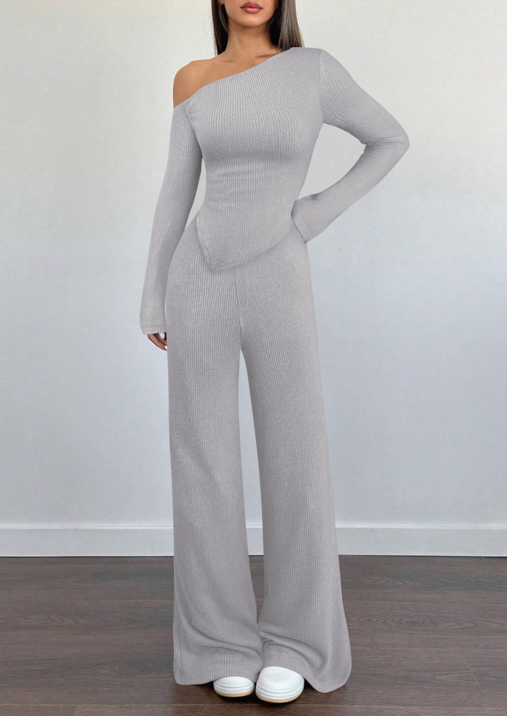 Chichi Casual Two Piece Sets for Women Fall Outfits Asymmetrical Off Shoulder Tops Wide Leg Pants Knit Lounge Set Light Grey