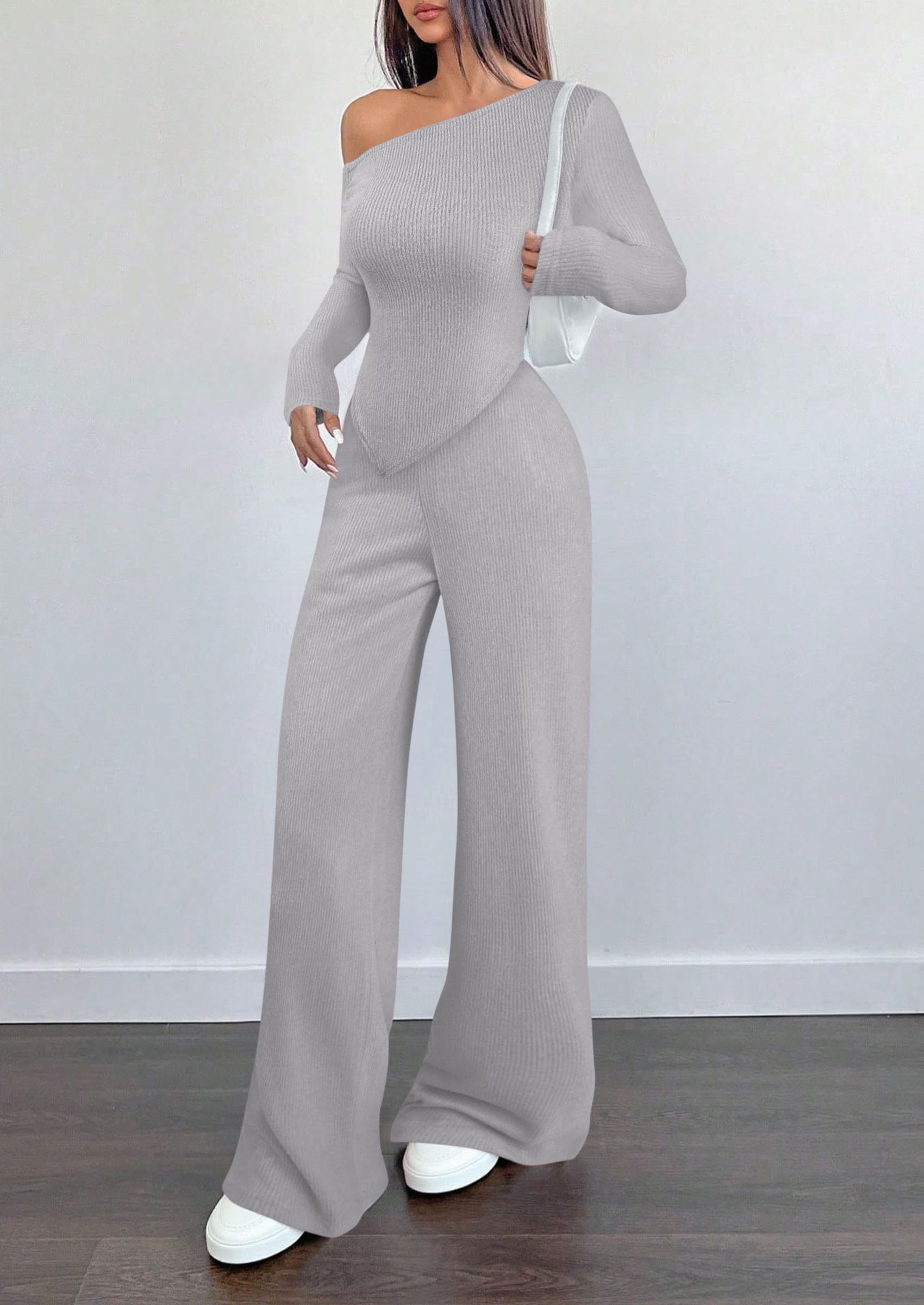 Chichi Casual Two Piece Sets for Women Fall Outfits Asymmetrical Off Shoulder Tops Wide Leg Pants Knit Lounge Set Light Grey