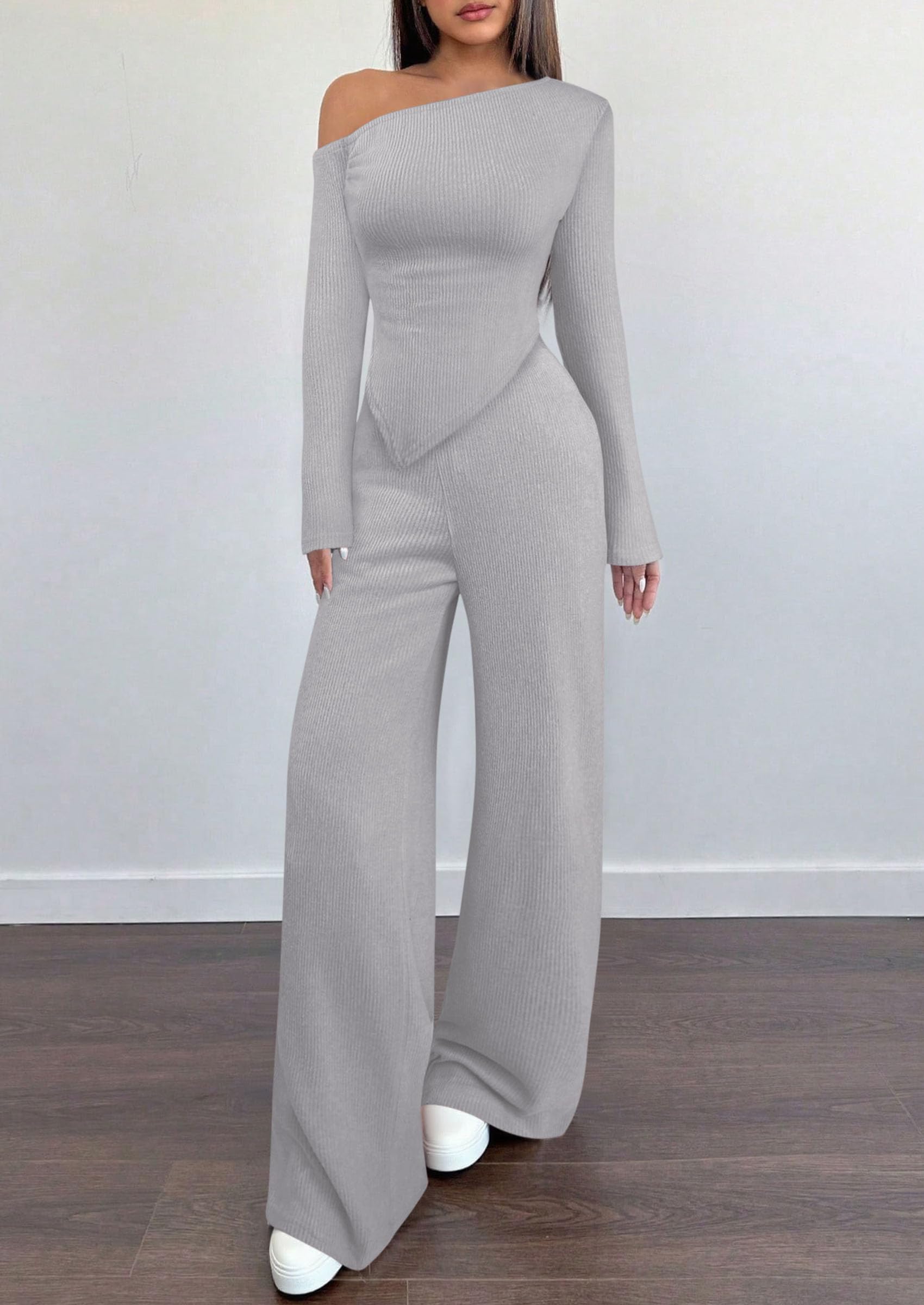 Chichi Casual Two Piece Sets for Women Fall Outfits Asymmetrical Off Shoulder Tops Wide Leg Pants Knit Lounge Set Light Grey