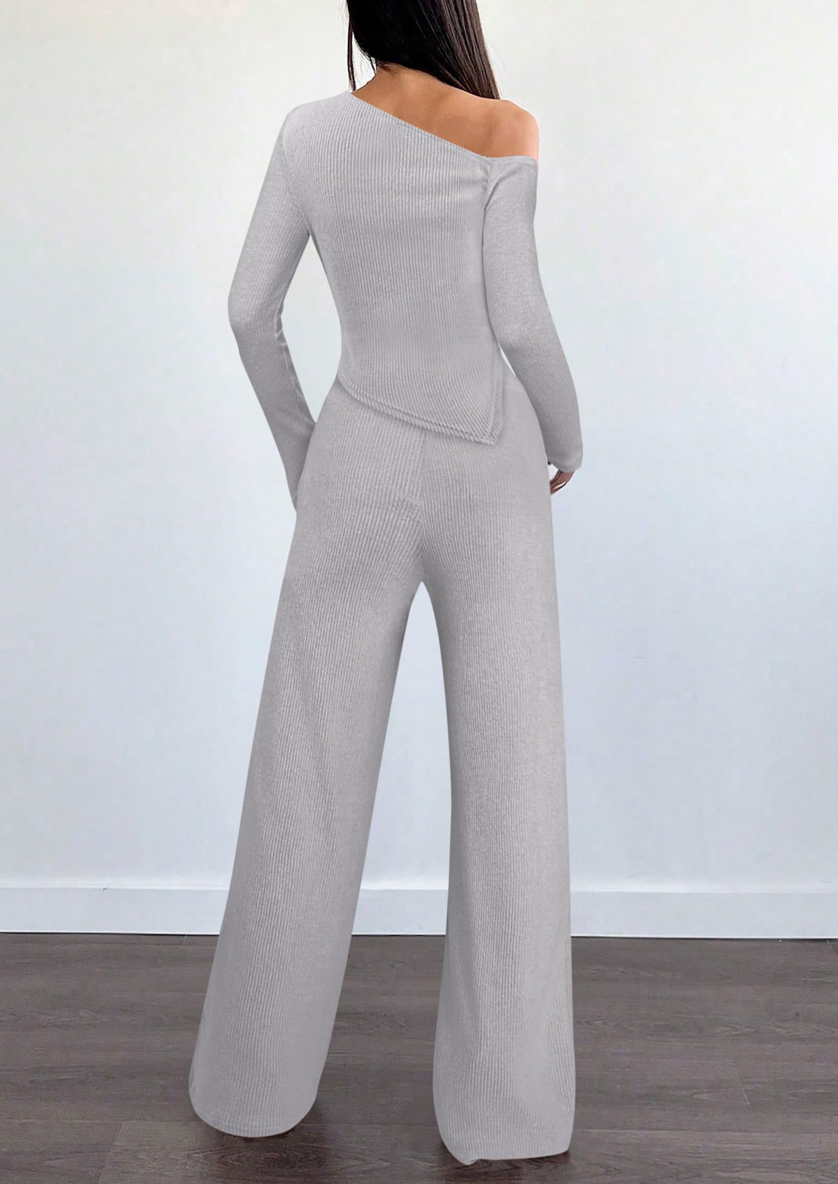 Chichi Casual Two Piece Sets for Women Fall Outfits Asymmetrical Off Shoulder Tops Wide Leg Pants Knit Lounge Set Light Grey