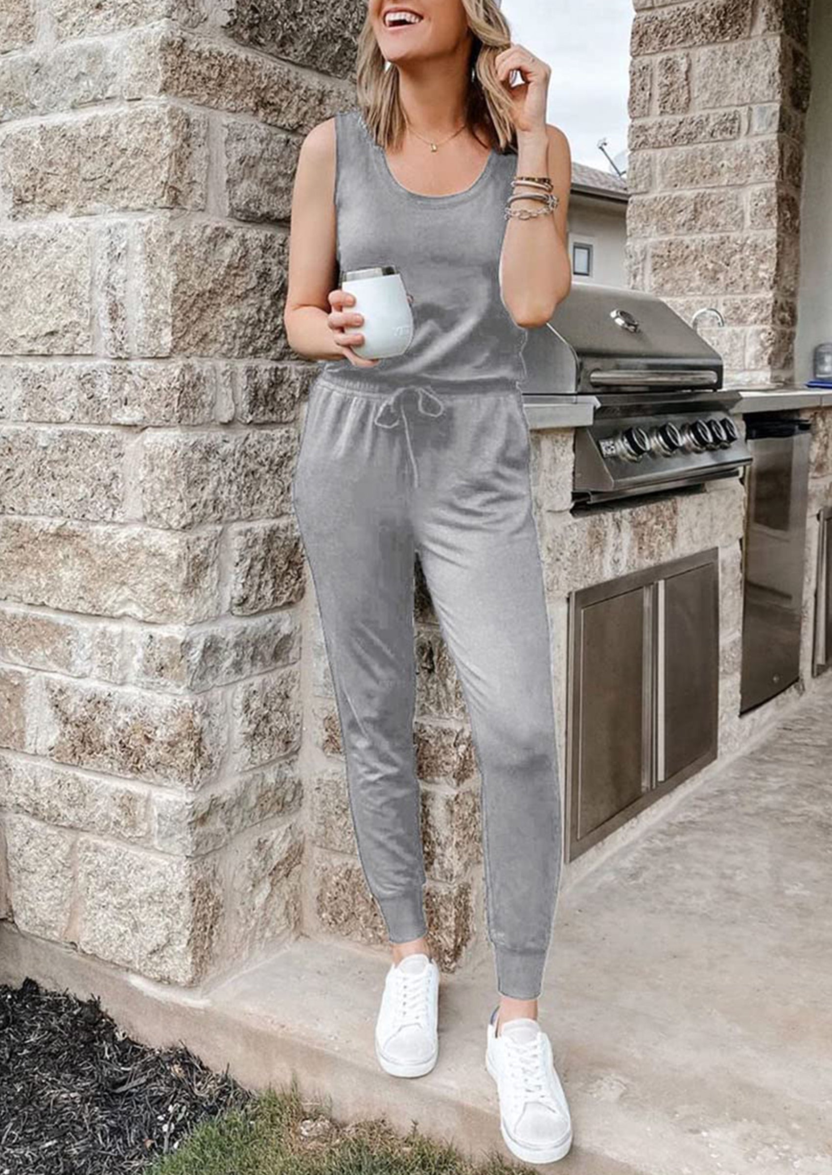 Chichi Two Piece Outfit Sets Casual Sleeveless Crewneck Tops and Sweatpants Light Grey