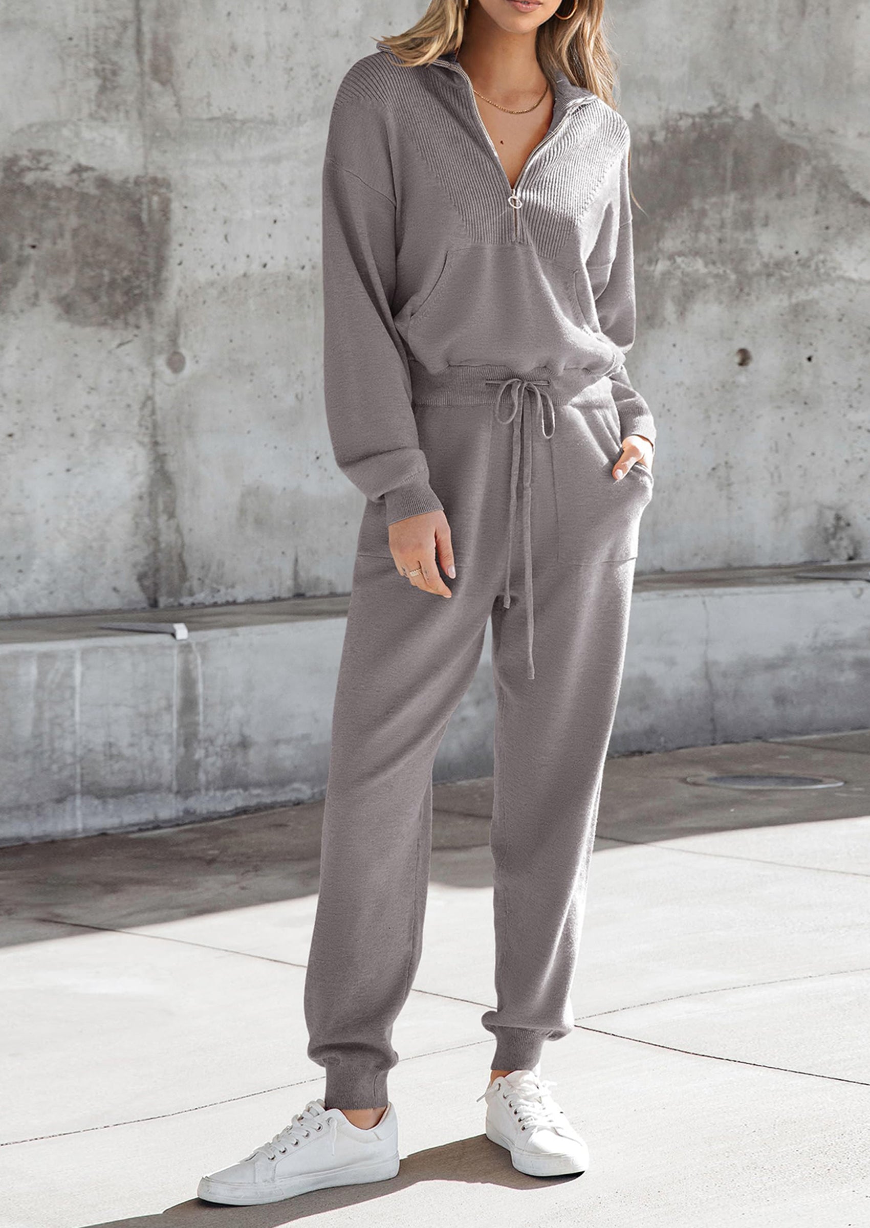 Chichi Women's 2 Piece Sweater Set Pullover Zip Up Sweatshirt Jogger Sweatpants Tracksuit Casual Outfit Light Grey