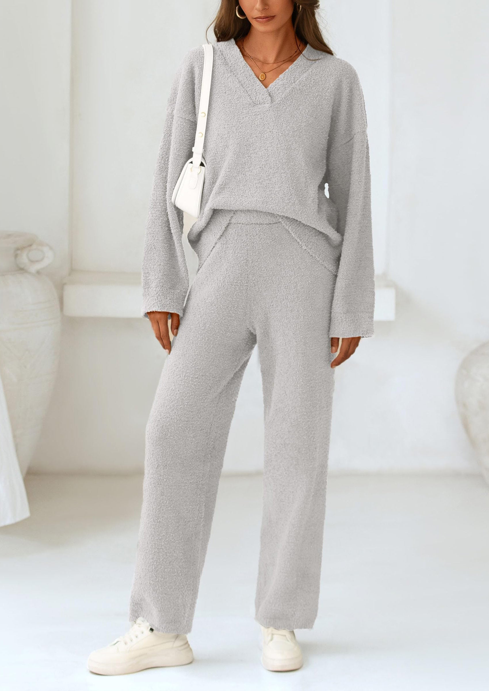 Chichi Lounge Sets for Women Two Piece Sweaters Pajama Set Fall Fashion Loungewear Outfits Matching Winter Clothes Light Grey