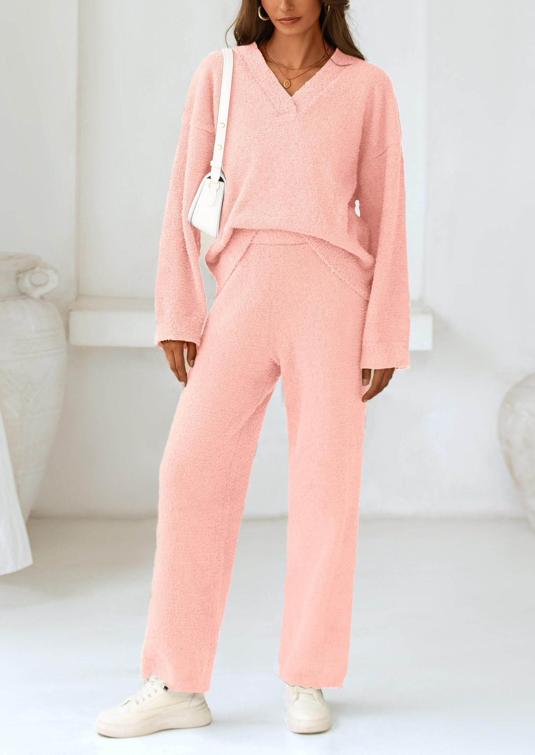 Chichi Lounge Sets for Women Two Piece Sweaters Pajama Set Fall Fashion Loungewear Outfits Matching Winter Clothes Light Pink