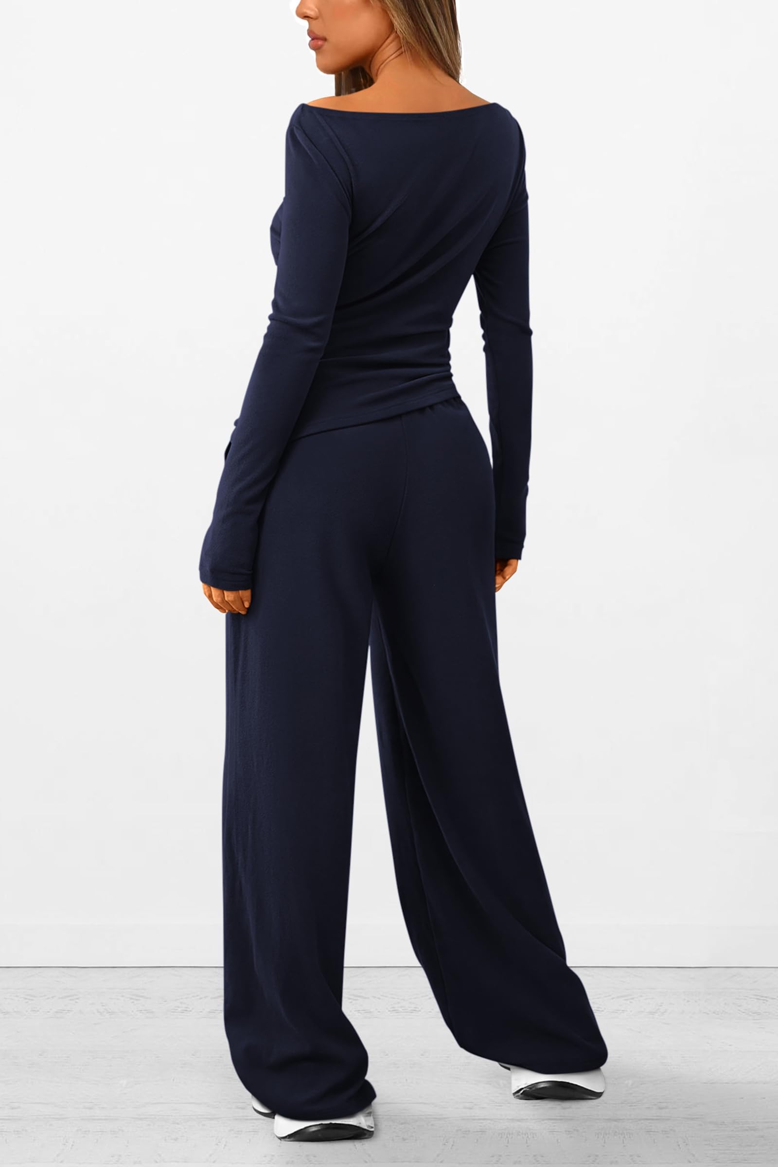 Chichi Women's 2 Piece Lounge Sets Asymmetrical Long Sleeve T Shirt Wide Leg Pants Casual Outfits Tracksuit Navy