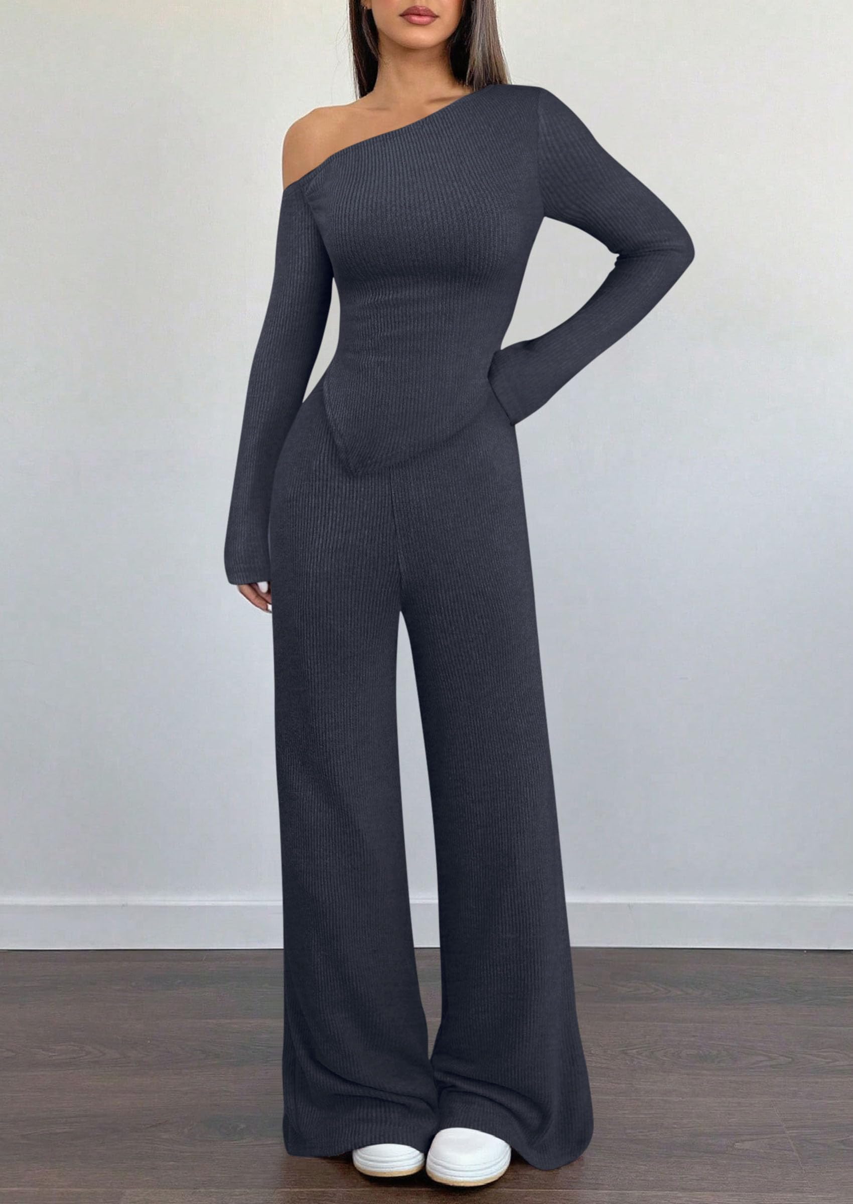 Chichi Casual Two Piece Sets for Women Fall Outfits Asymmetrical Off Shoulder Tops Wide Leg Pants Knit Lounge Set Navy