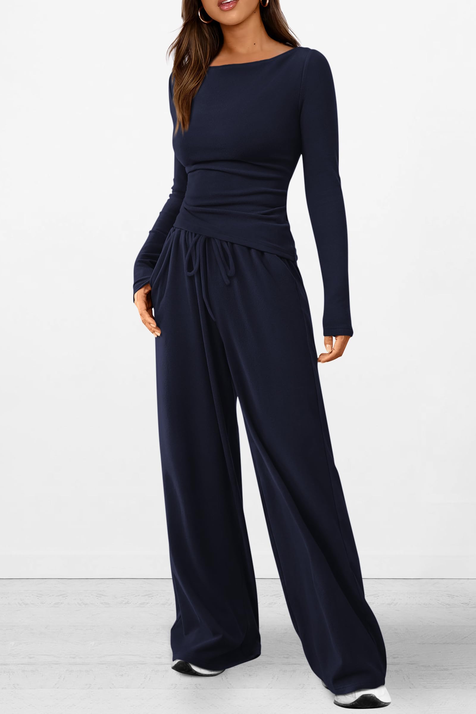 Chichi Women's 2 Piece Lounge Sets Asymmetrical Long Sleeve T Shirt Wide Leg Pants Casual Outfits Tracksuit Navy