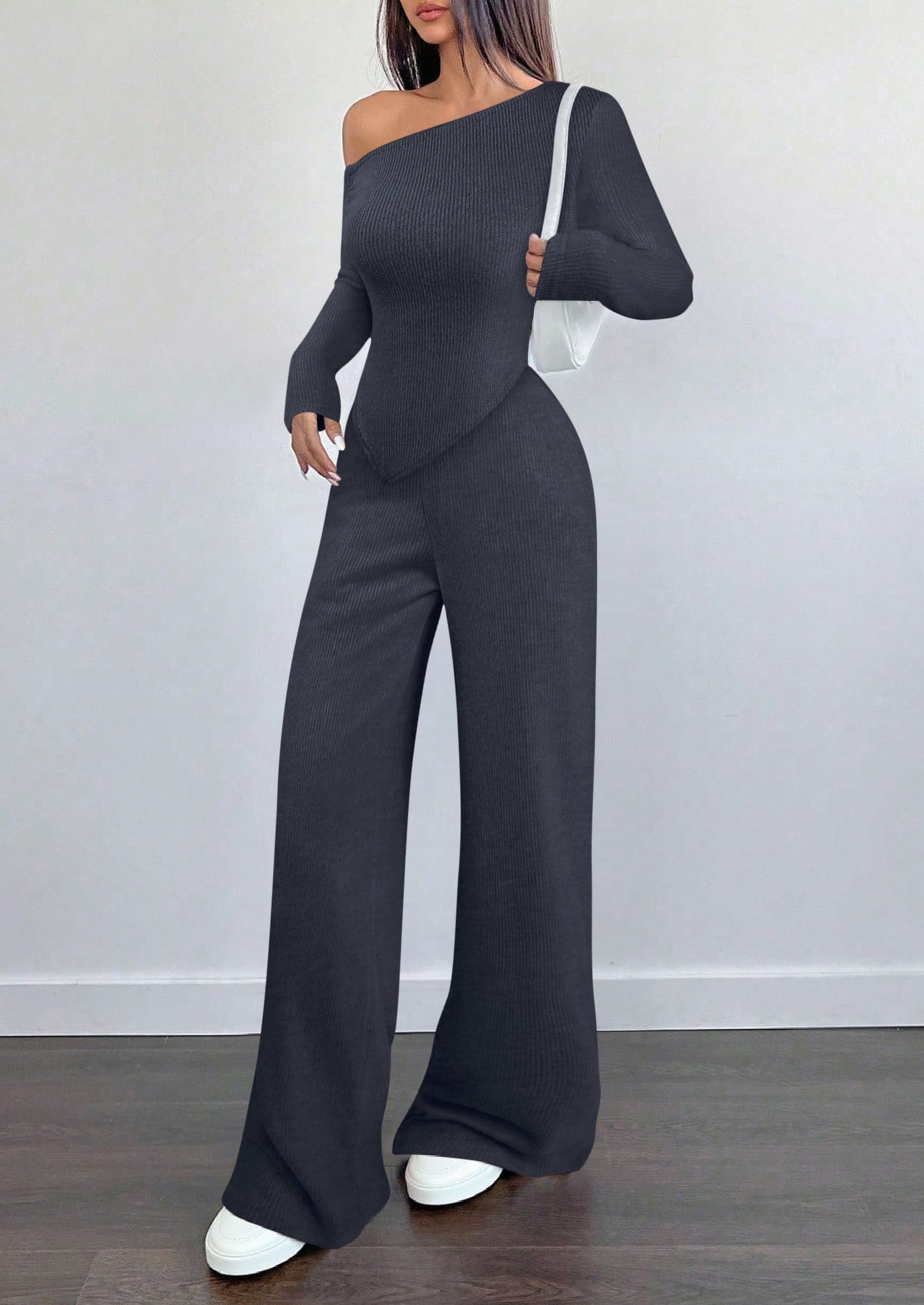 Chichi Casual Two Piece Sets for Women Fall Outfits Asymmetrical Off Shoulder Tops Wide Leg Pants Knit Lounge Set Navy