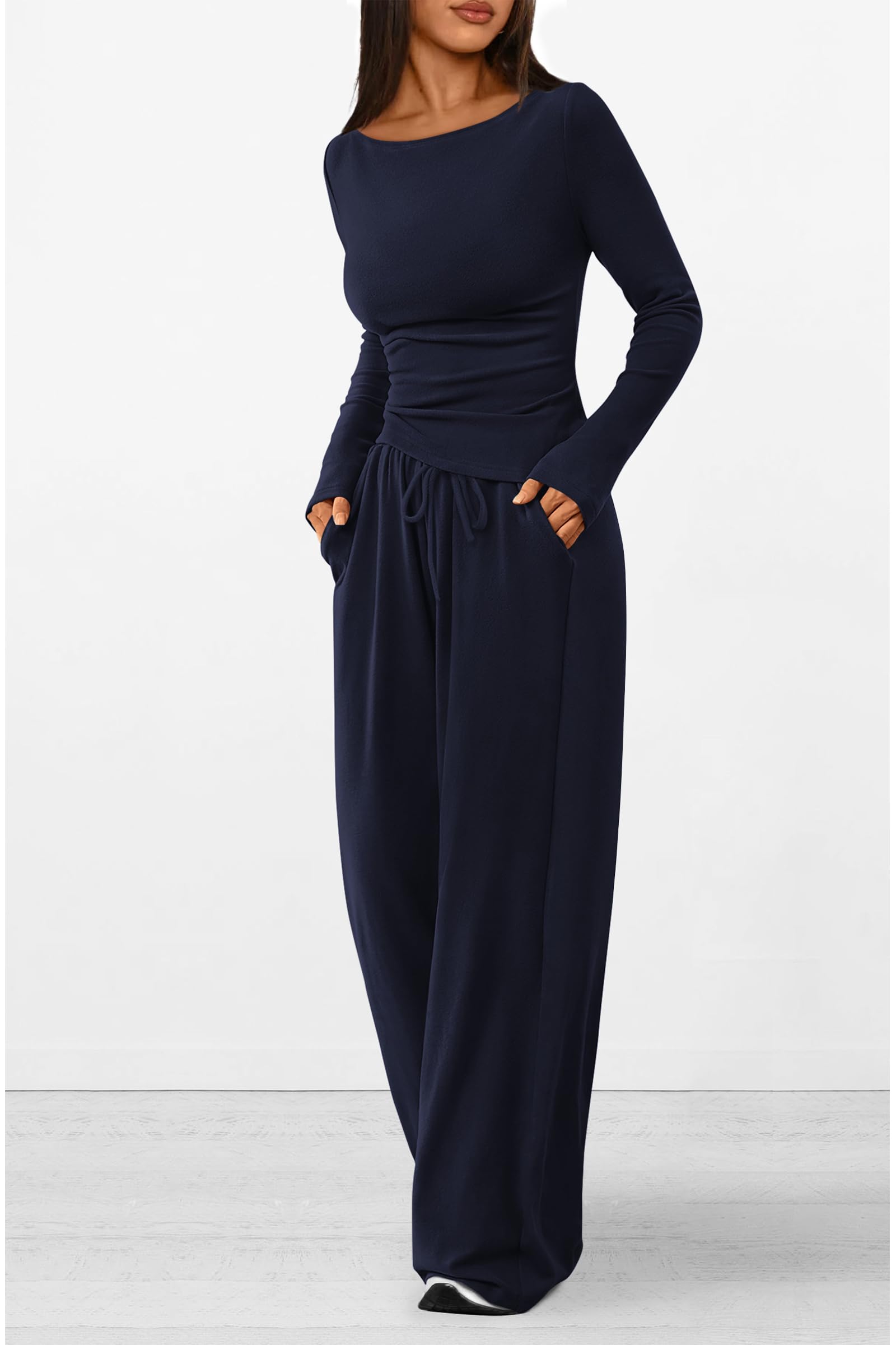 Chichi Women's 2 Piece Lounge Sets Asymmetrical Long Sleeve T Shirt Wide Leg Pants Casual Outfits Tracksuit Navy