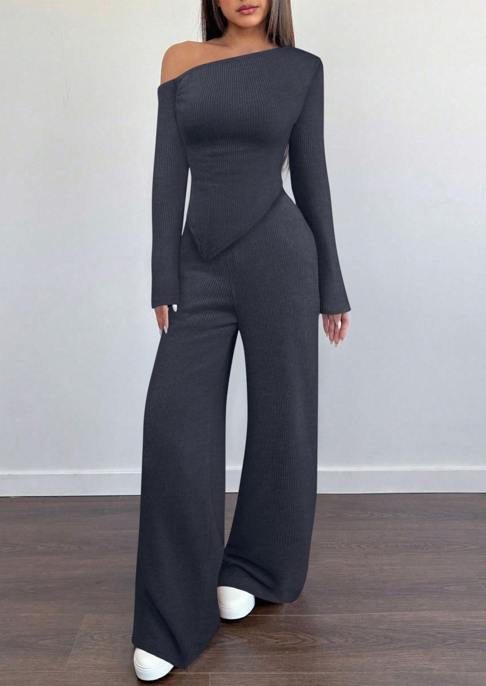 Chichi Casual Two Piece Sets for Women Fall Outfits Asymmetrical Off Shoulder Tops Wide Leg Pants Knit Lounge Set Navy