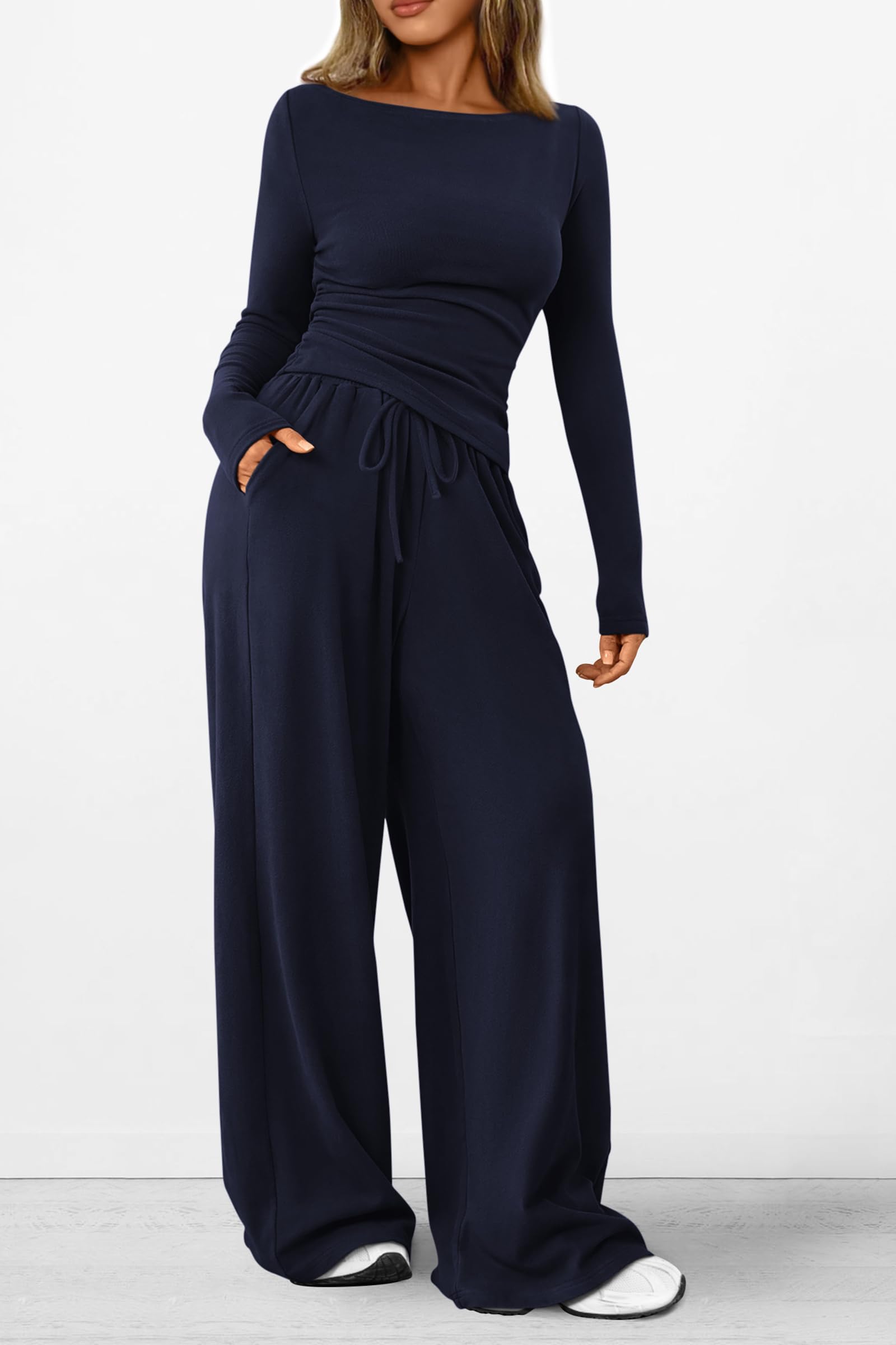 Chichi Women's 2 Piece Lounge Sets Asymmetrical Long Sleeve T Shirt Wide Leg Pants Casual Outfits Tracksuit Navy
