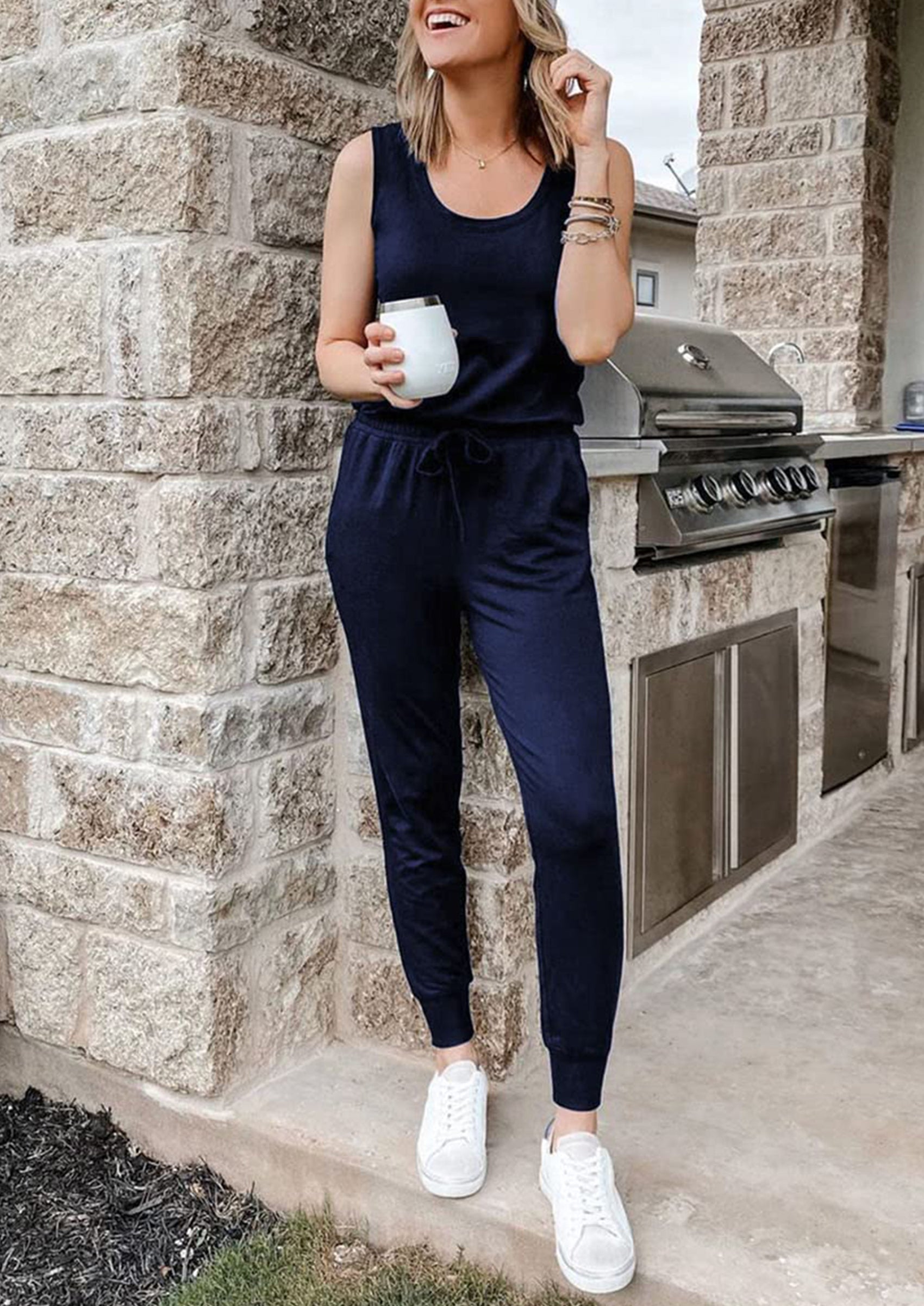 Chichi Two Piece Outfit Sets Casual Sleeveless Crewneck Tops and Sweatpants Navy